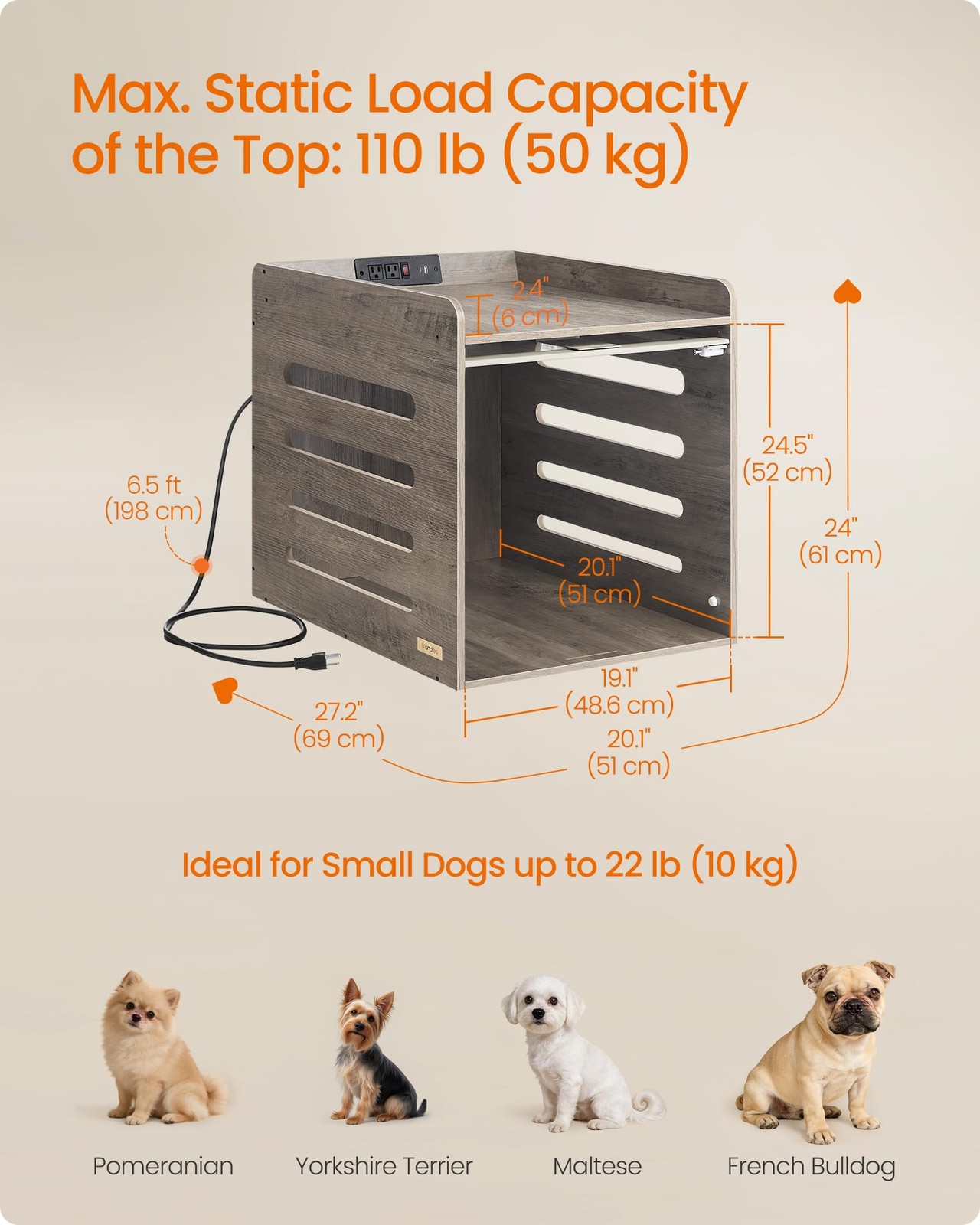 Modern Dog Crate Furniture with Charging Station, Small Kennel Indoor with Fl…
