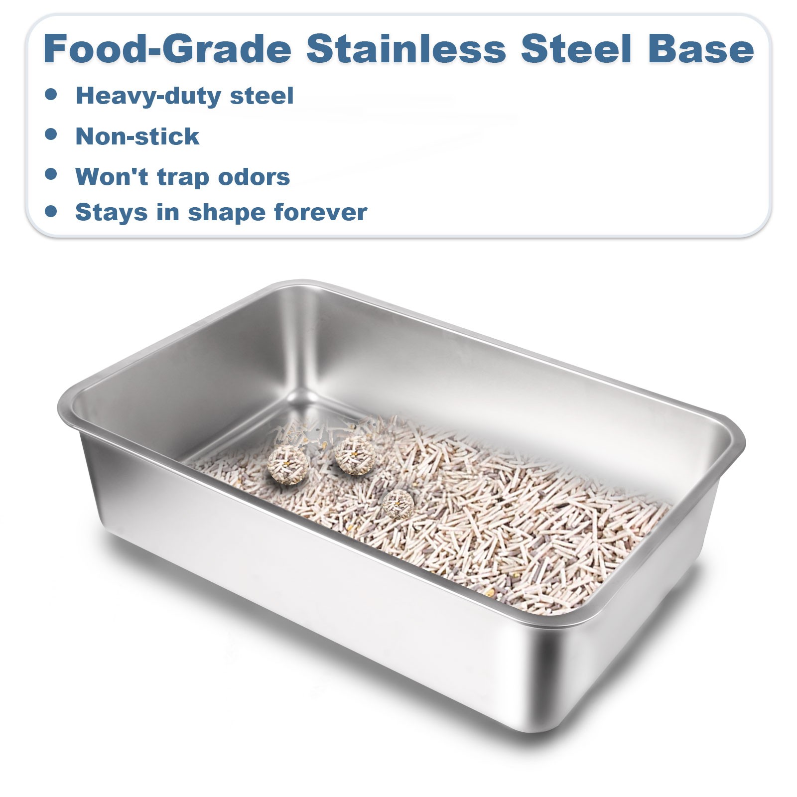 XL Stainless Steel Cat Litter Box Extra Large Litter Pan High Side w/ Scoop Mat