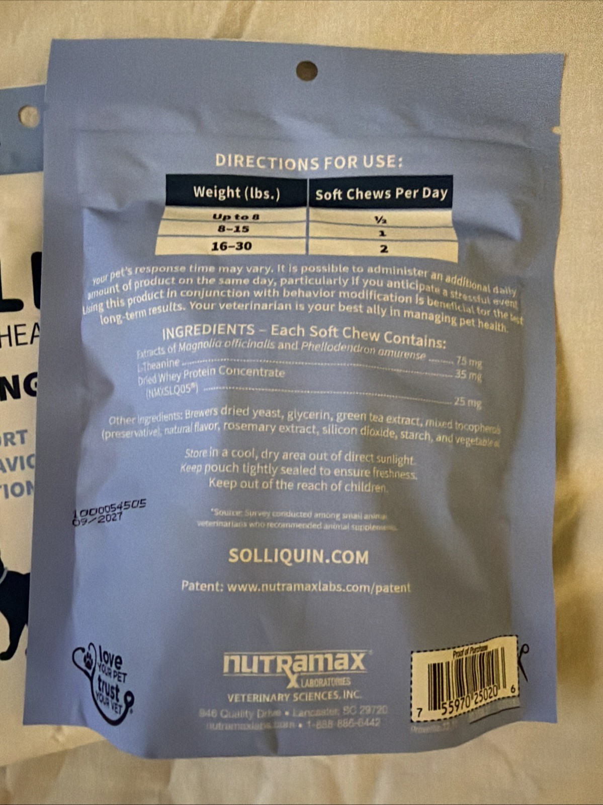 (BUNDLE X2)NUTRAMAX SOLLIQUIN CALMING BEHAVIORAL CATS AND DOGS 75 X2=150CHEWS