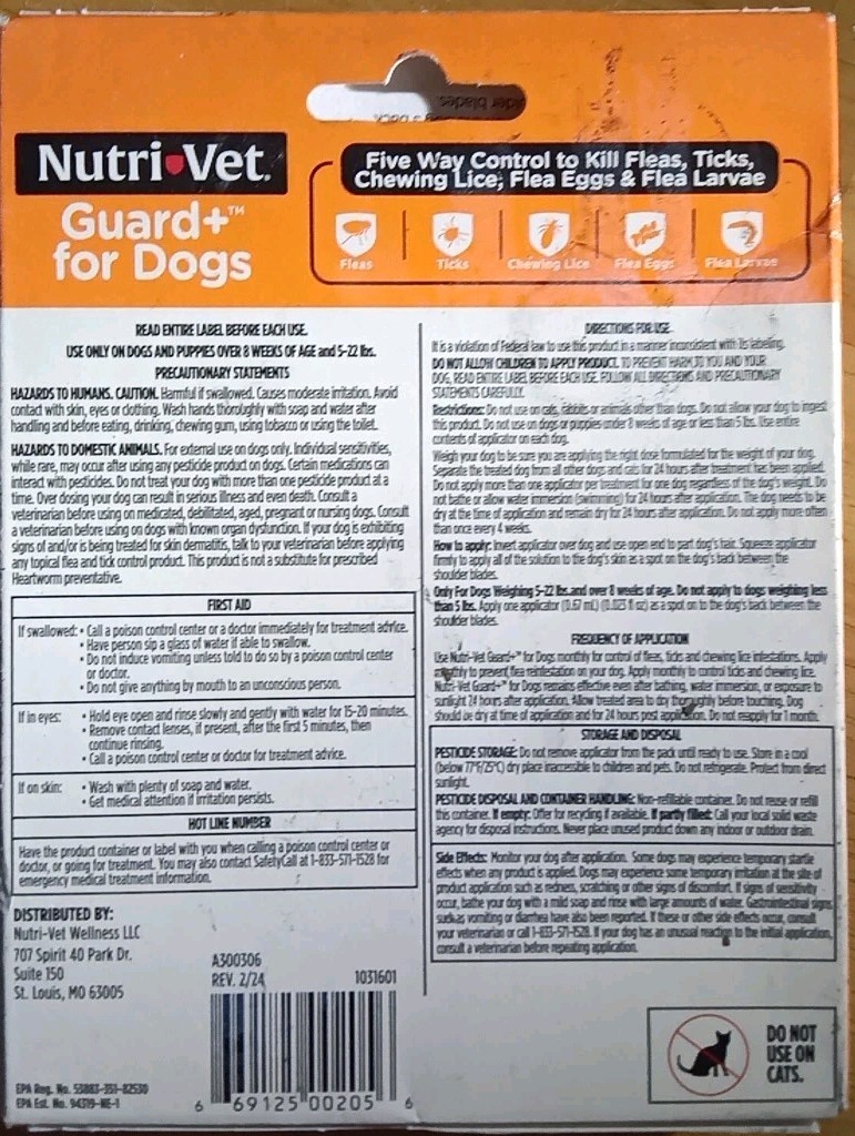 3 NUTRI VET GUARD+ PLUS FOR DOGS 5-22LBS KILLS FLEAS TICKS 3 X3 9 MONTHS SUPPLY!