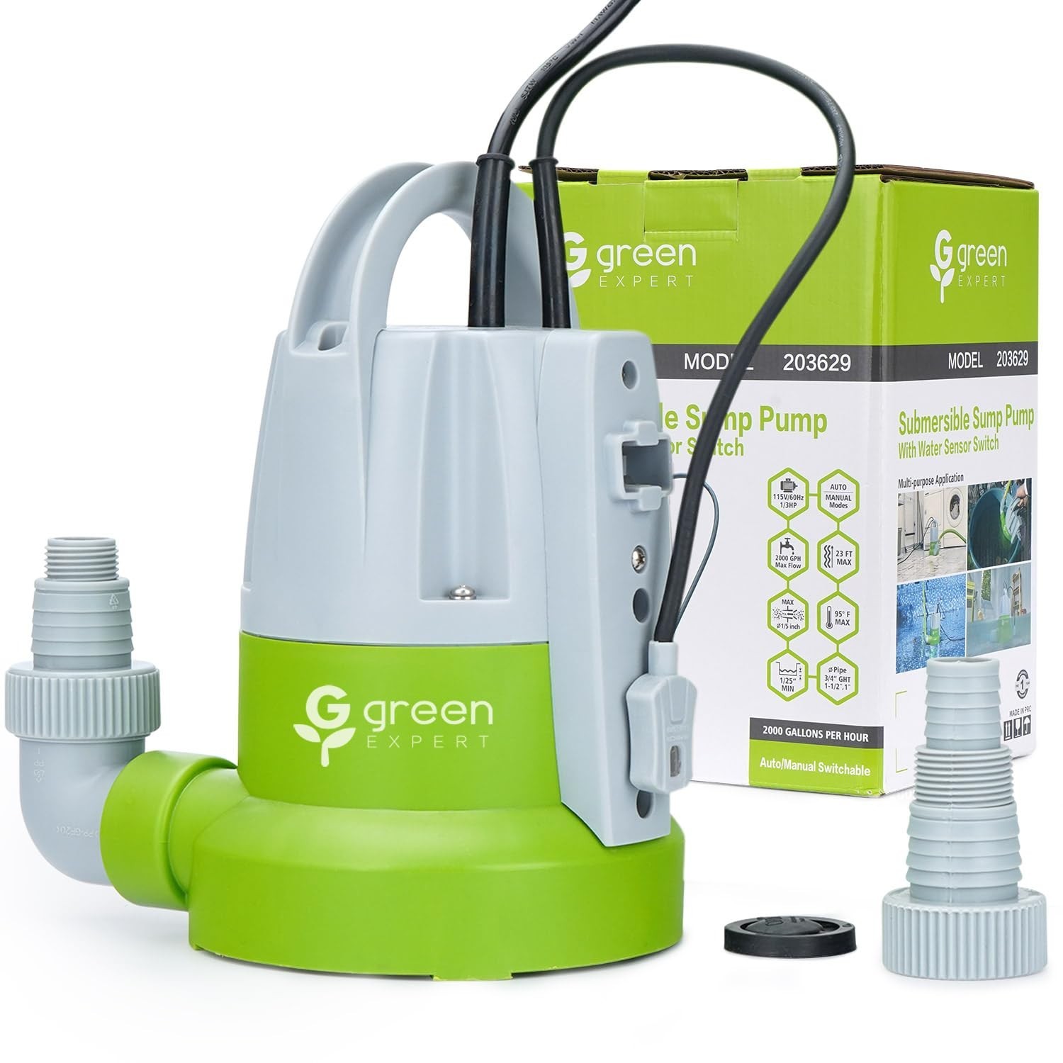 Green Expert 1/3HP Submersible Sump Pump with Water Sensor Switch, Low Water …