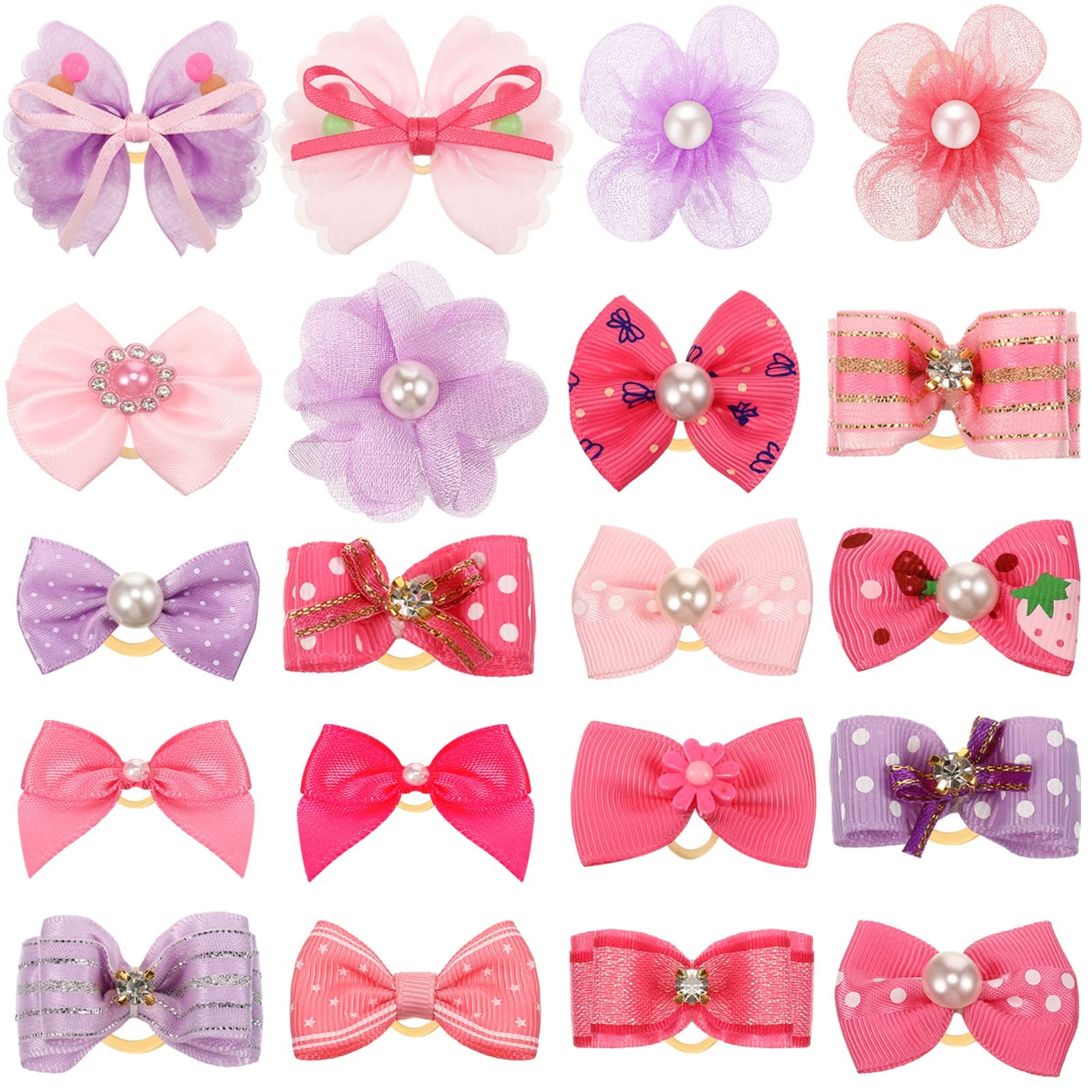 20 Dog Hair Bows for Small Dogs with Rubber Bands – Handmade Puppy Accessories