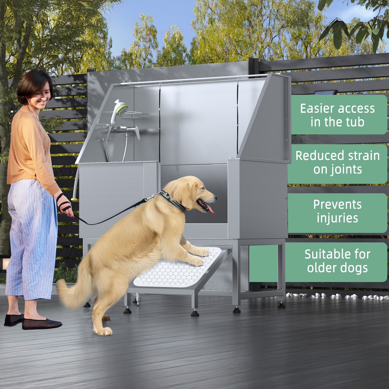 50″ Dog Grooming Bath Tub Stainless Steel Pet Wash Station w/ Non-Slip Ramp