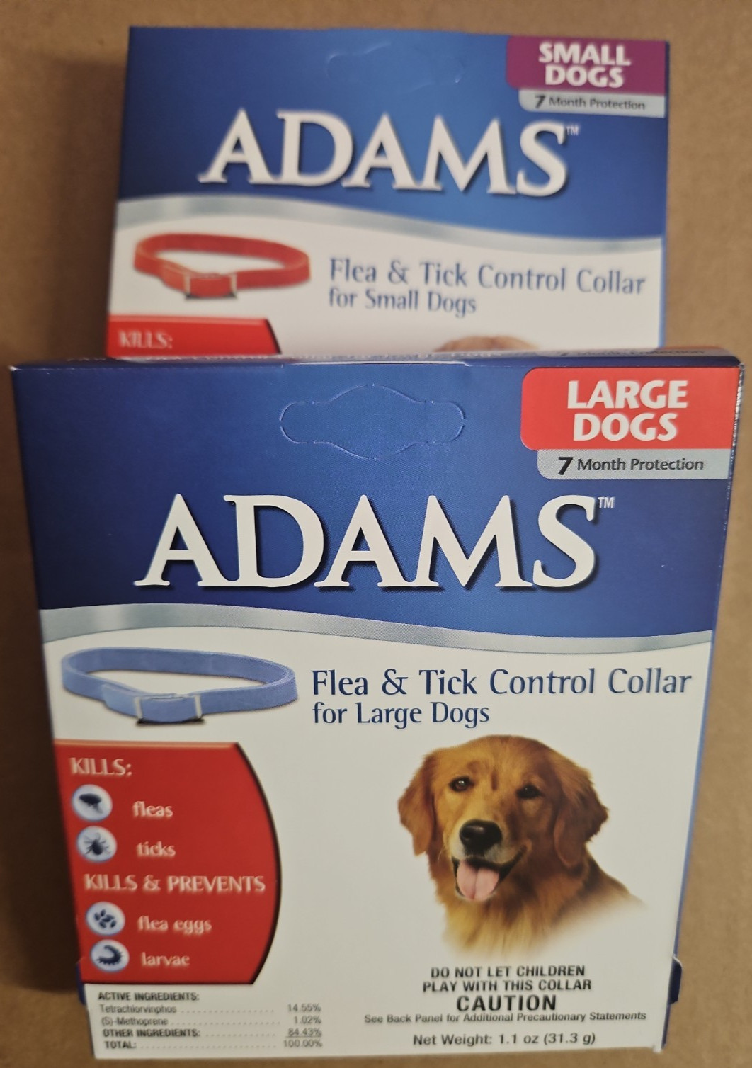 2 ADAMS Flea & Tick Control Collar 1-LARGE & 1-SMALL Dogs, 7 Mth Protection-NEW