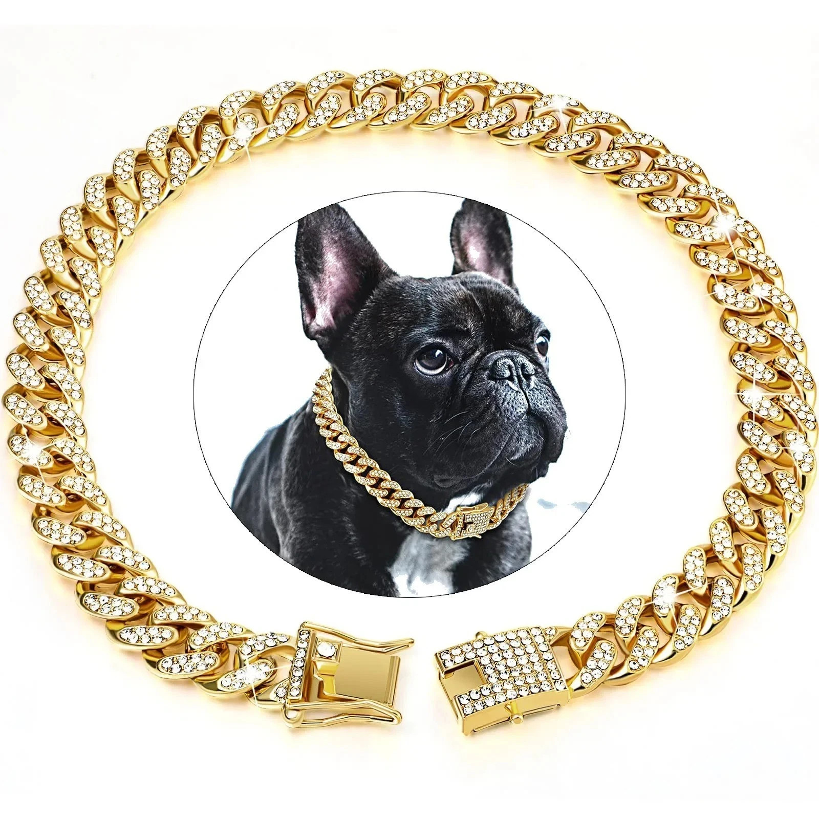 Pet Dog Cat Metal Gold Chain Diamond Cuban Collar Link Luxury Necklace Bling USA