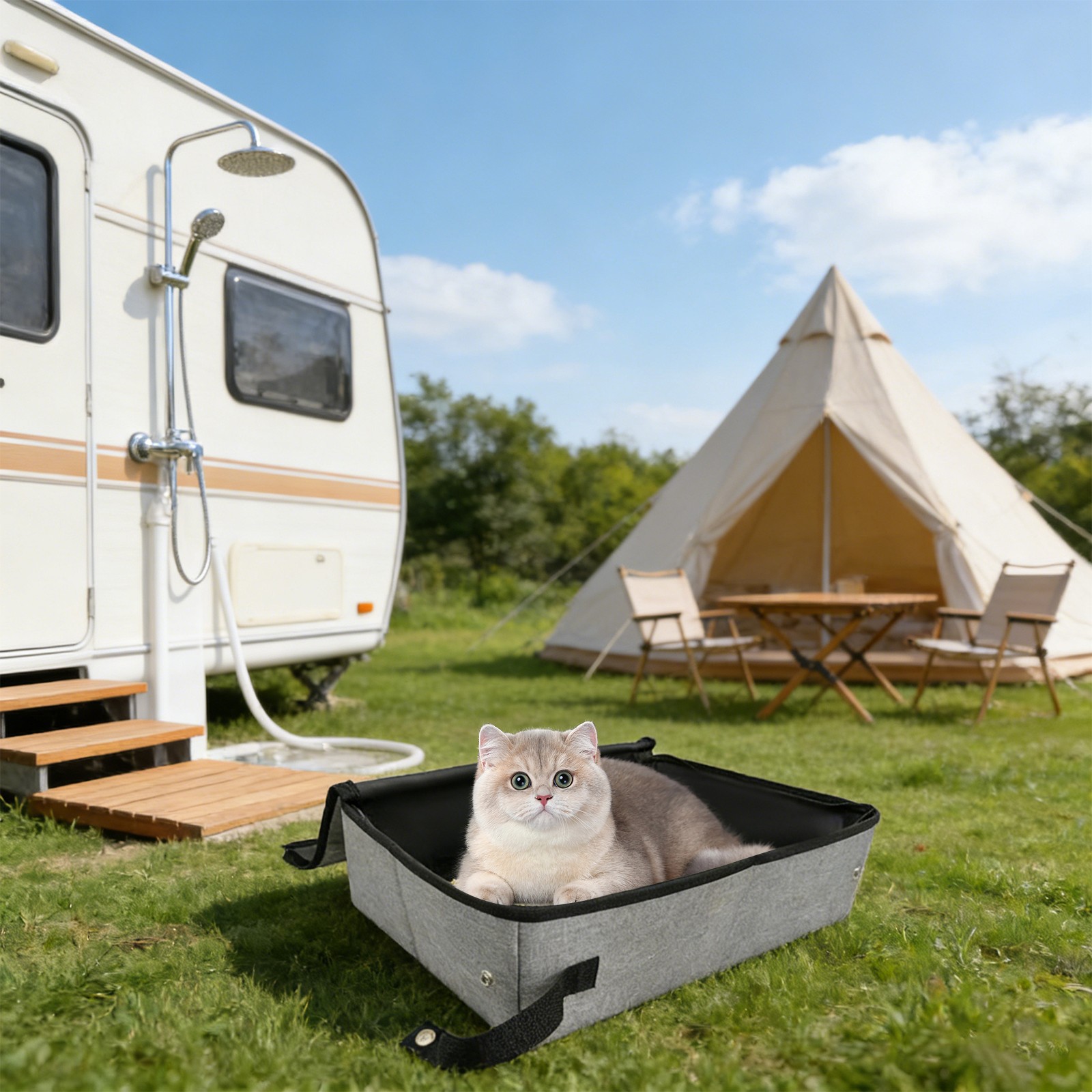 Foldable Cat Litter Box with Lid, Portable Oxford Cloth, Grey, Medium