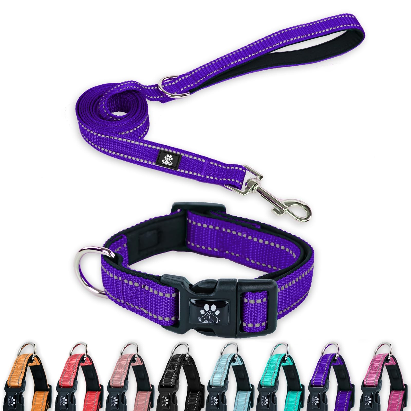 FURRYFECTION Reflective Medium(16-20″ Length,1.0″ Width), Purple Collar+Leash