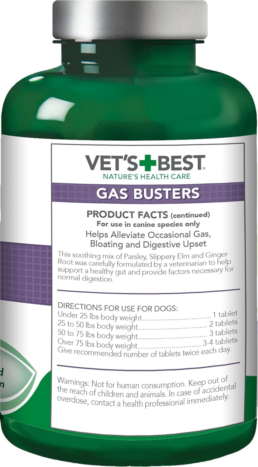 Vet’s Best Gas Busters Dog Supplements – Gas, Bloating – 90 Chewable Tablets