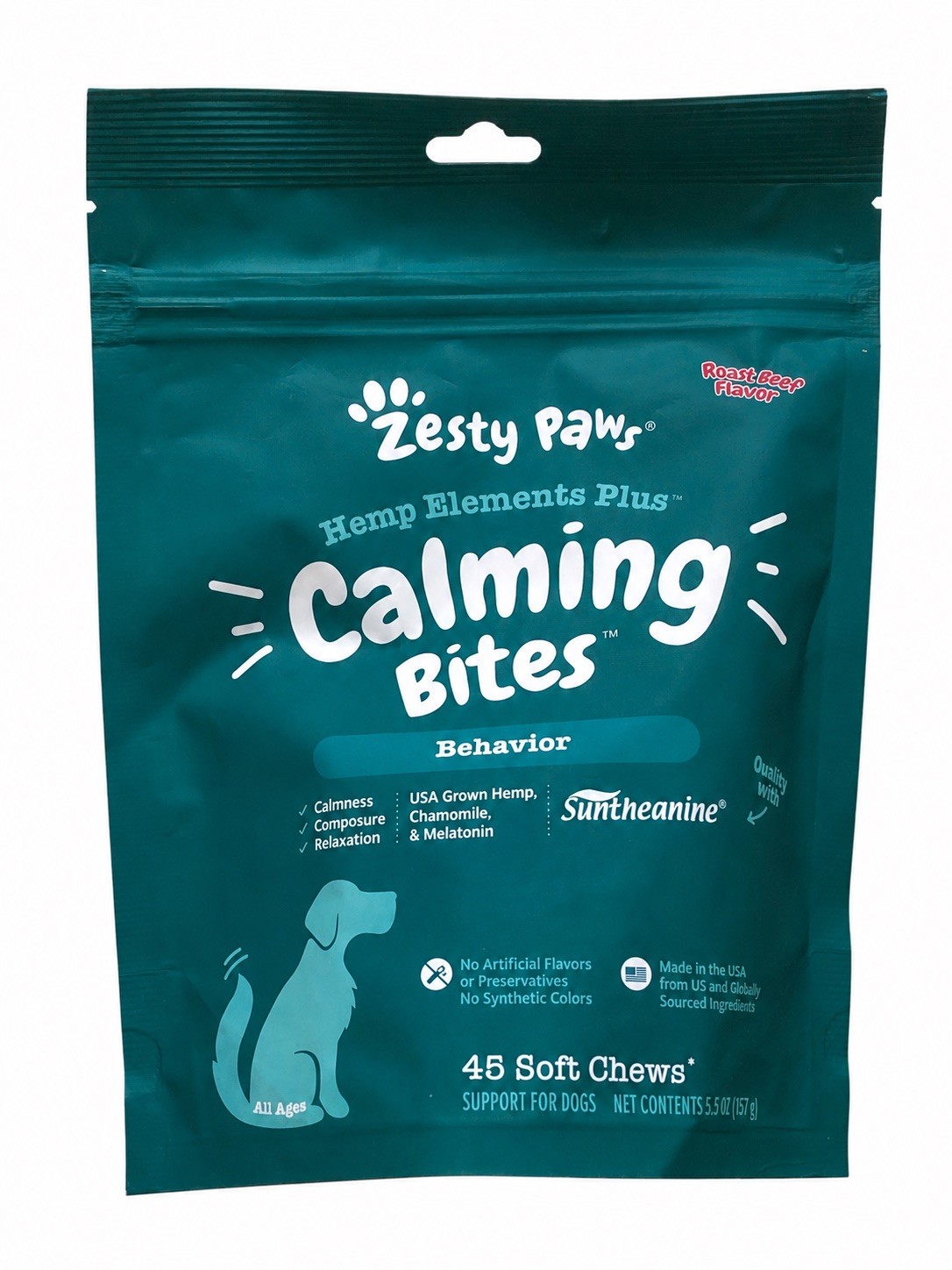 Zesty Paws Hemp Elements Plus Calming Bites 45 Soft Chews for Dogs EXP 07/2027