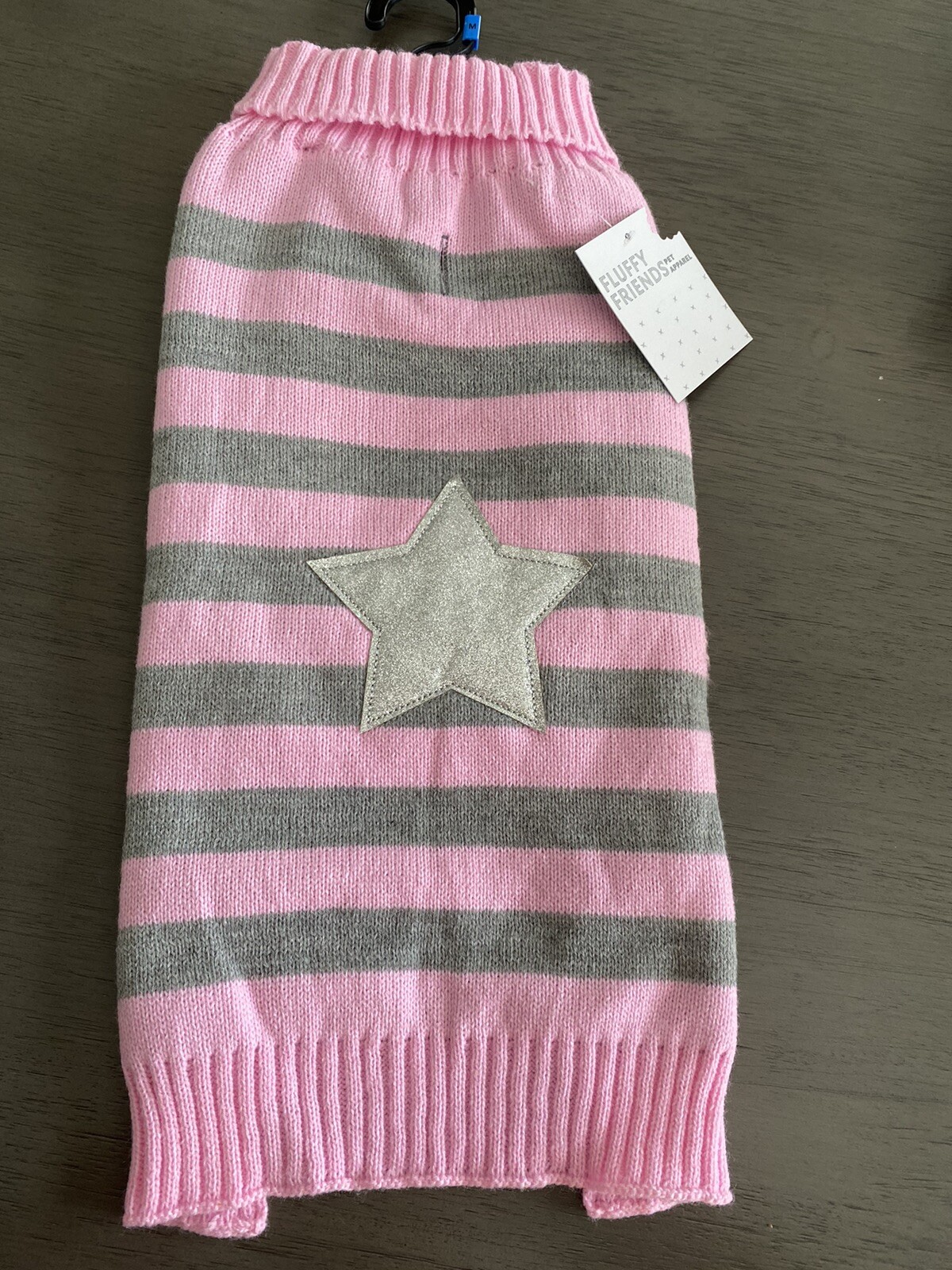 PET APPAREL PINK & GRAY STRIPE SILVER „STAR“ SWEATER Puppy/Dog MEDIUM NWT