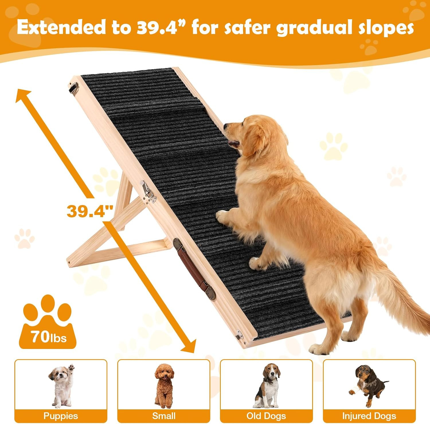 39″ Long Dog Ramp for Bed, Couch & Car – 5 Level Adjustable Height (10.4″ to 24.