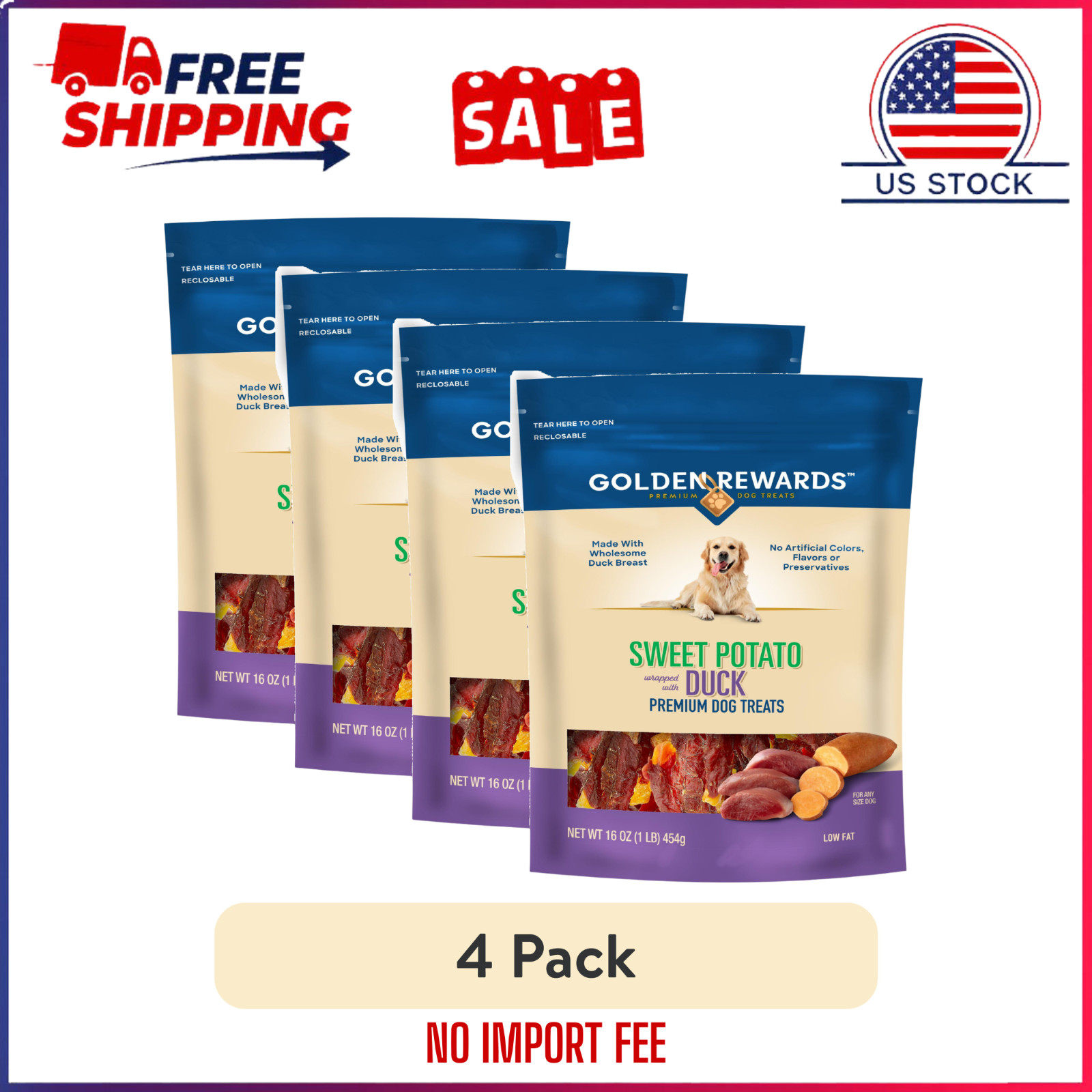 (4 pack) Golden Rewards Sweet Potato Wrapped w Duck Premium Treats for Dogs 16oz