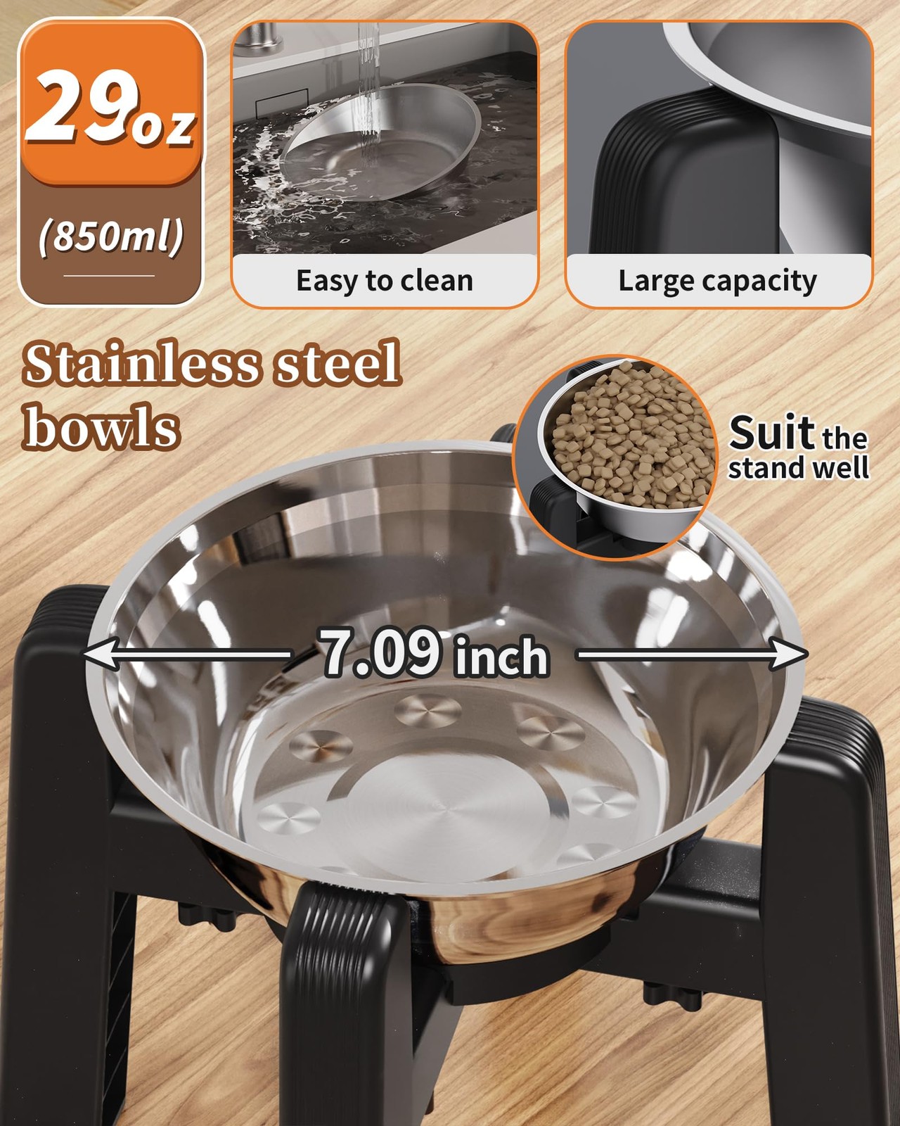 CZPET Elevated Dog Bowl, Raised Bowl Stand H: 6.3“; W: 6.1-10.4“, Black