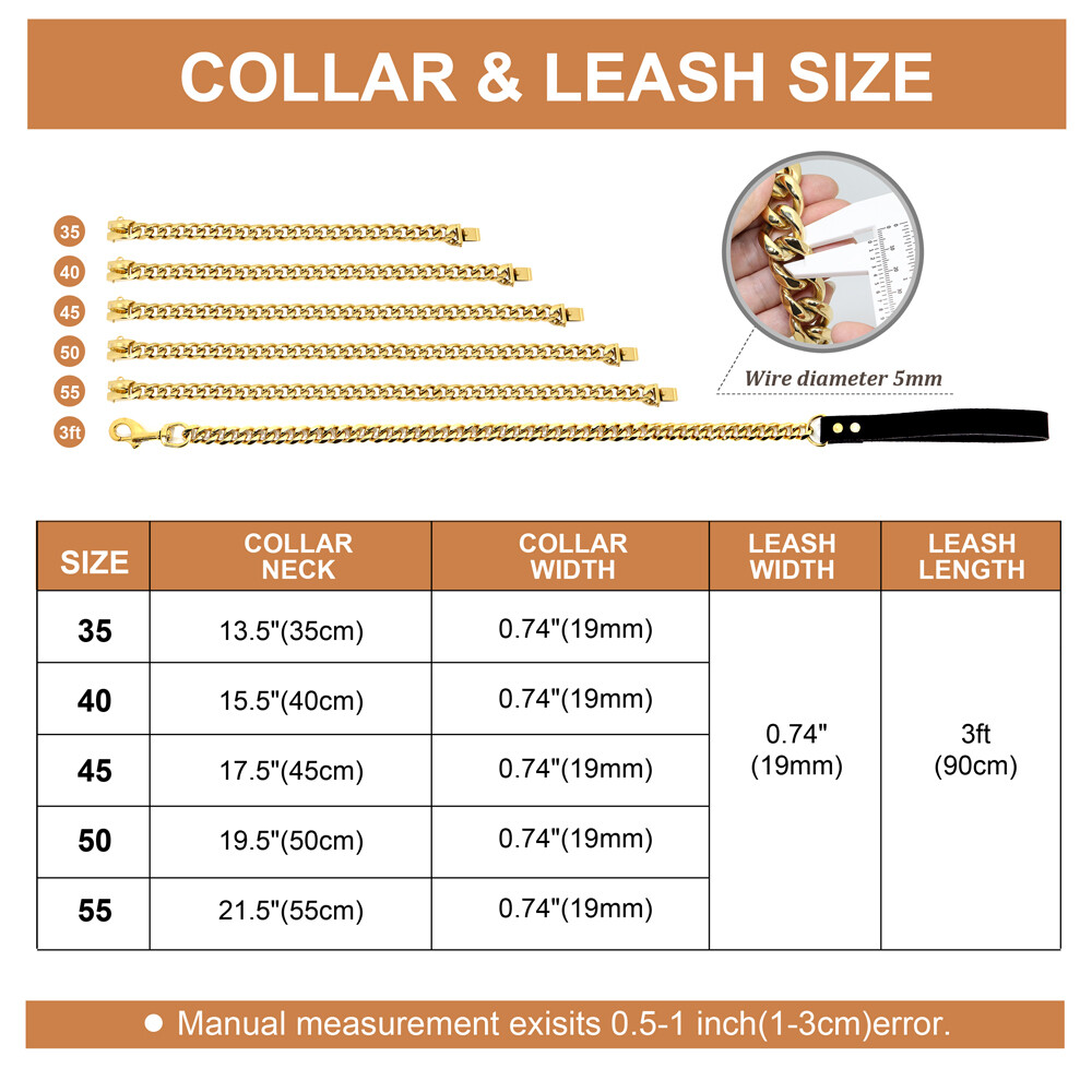 Dog Chain Collar & Leash Cuban Link Heavy Duty Stainless Steel Gold Silver 55cm