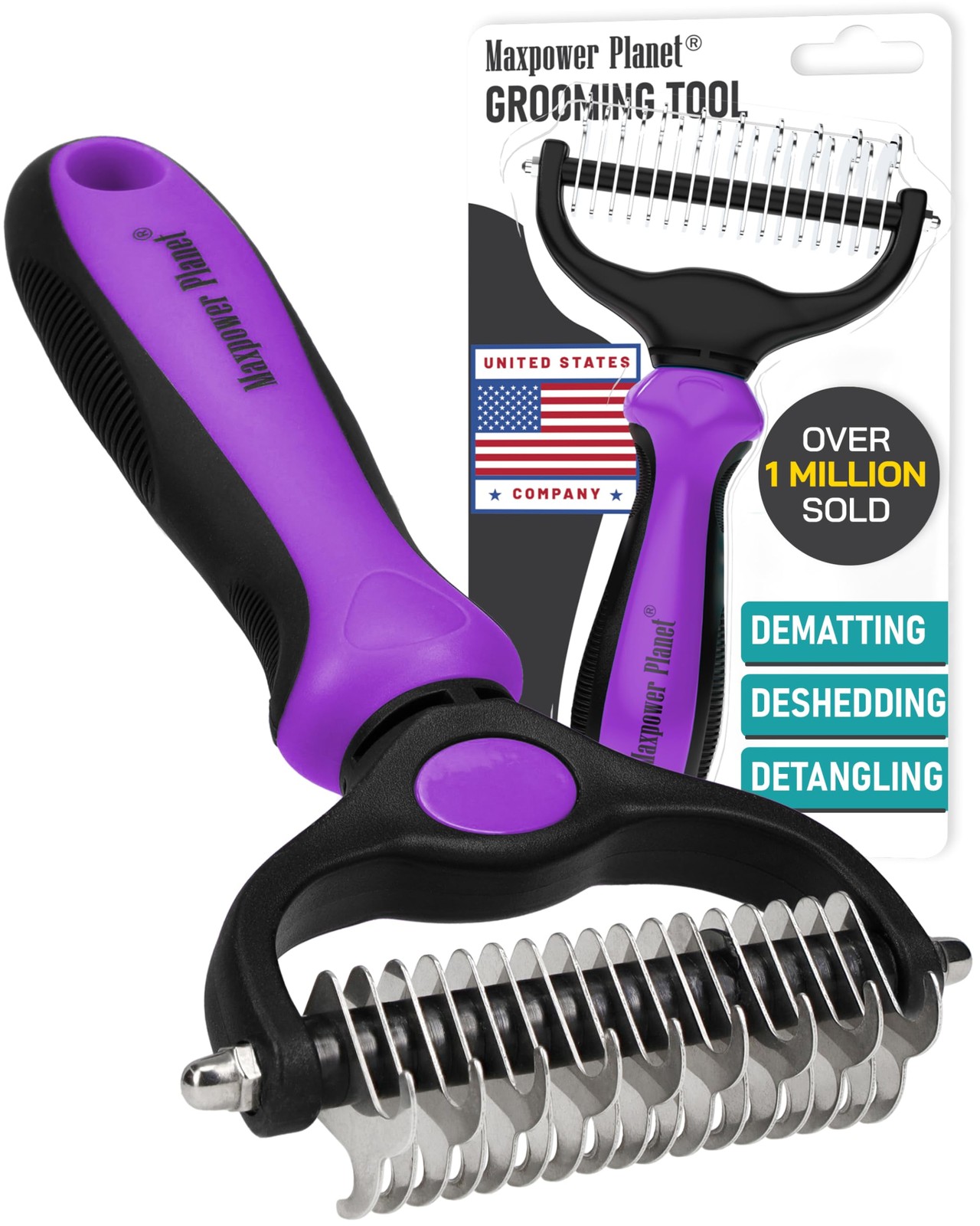 Maxpower Planet Pet Grooming Brush – Double Sided, Extra Wide for L, Purple