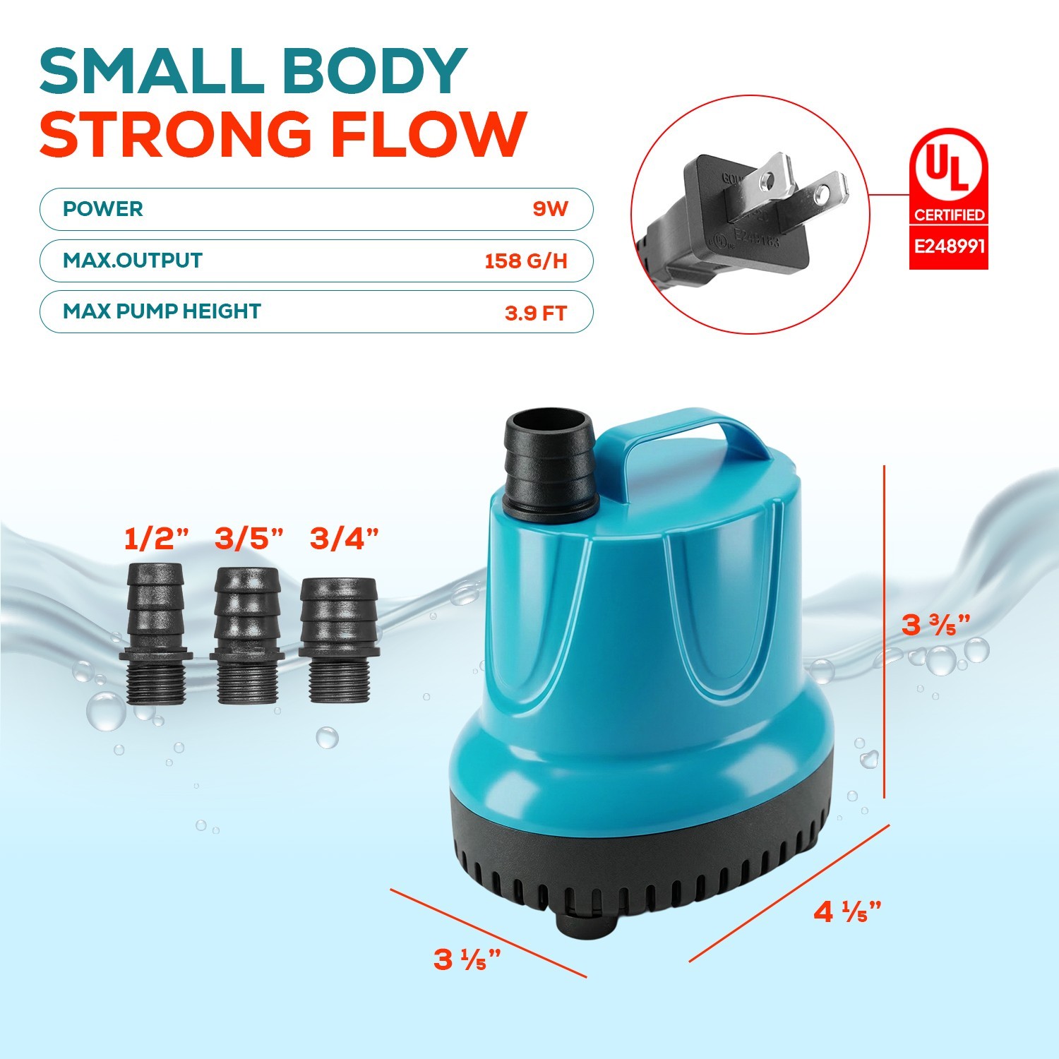 9W Bottom Feed Submersible Water Pump 158 GPH 1pc.