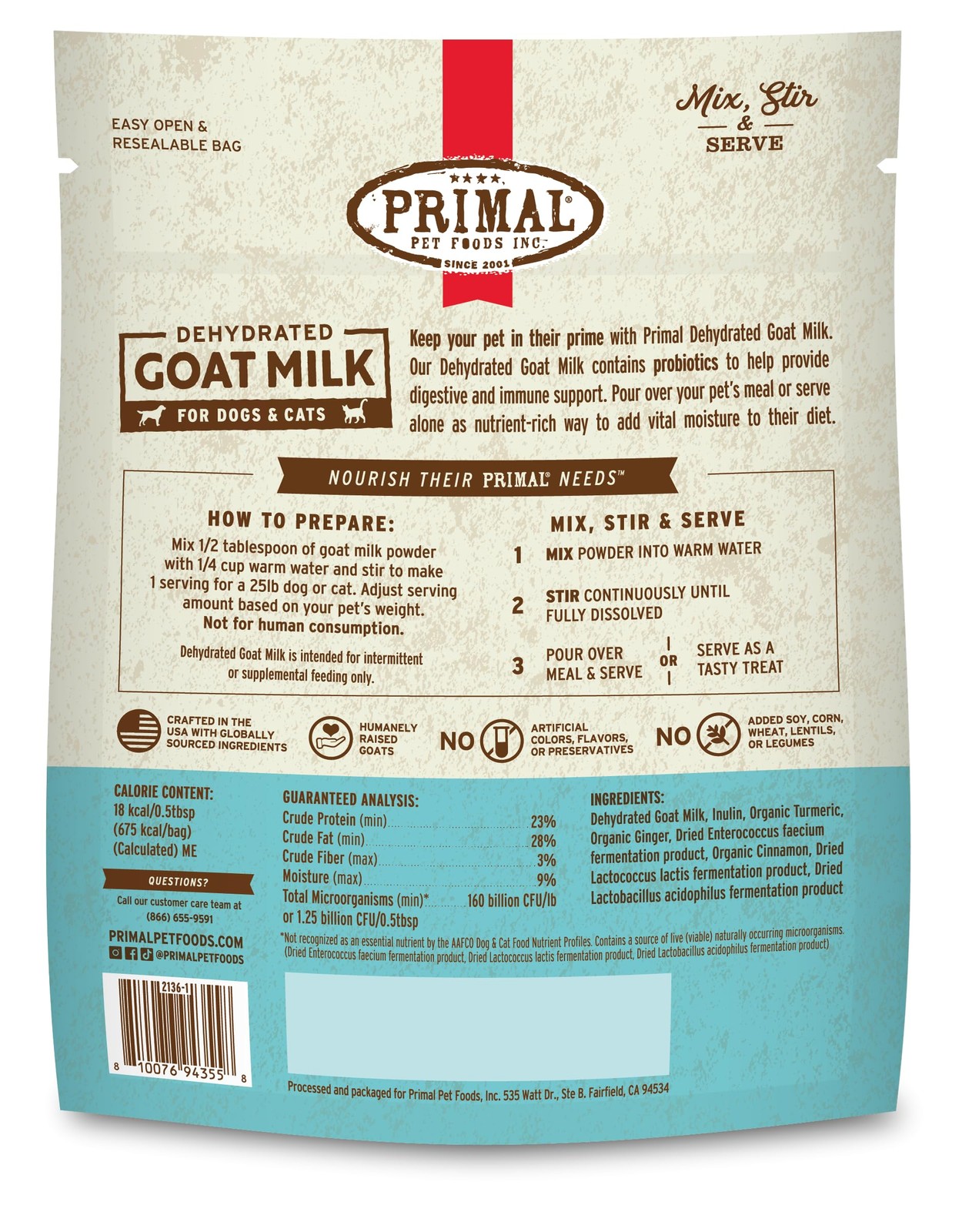 Primal Goat Milk Powder for Dogs and Cats, Shelf Stable 10.4 Ounce (2 bags)
