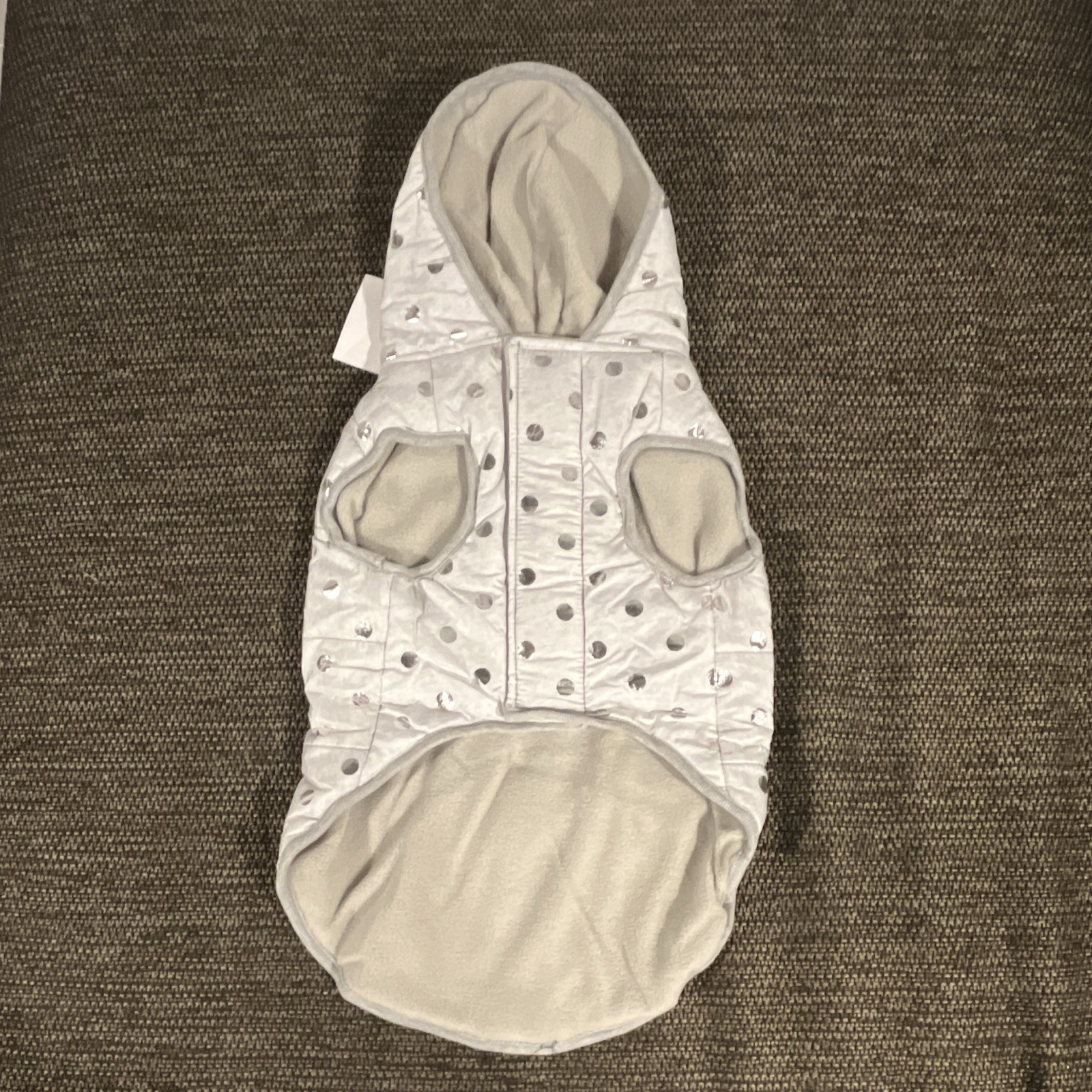 Frisco Hooded Dog Coat/Jacket Size Large Gray/Silver Polka Dot Polyester