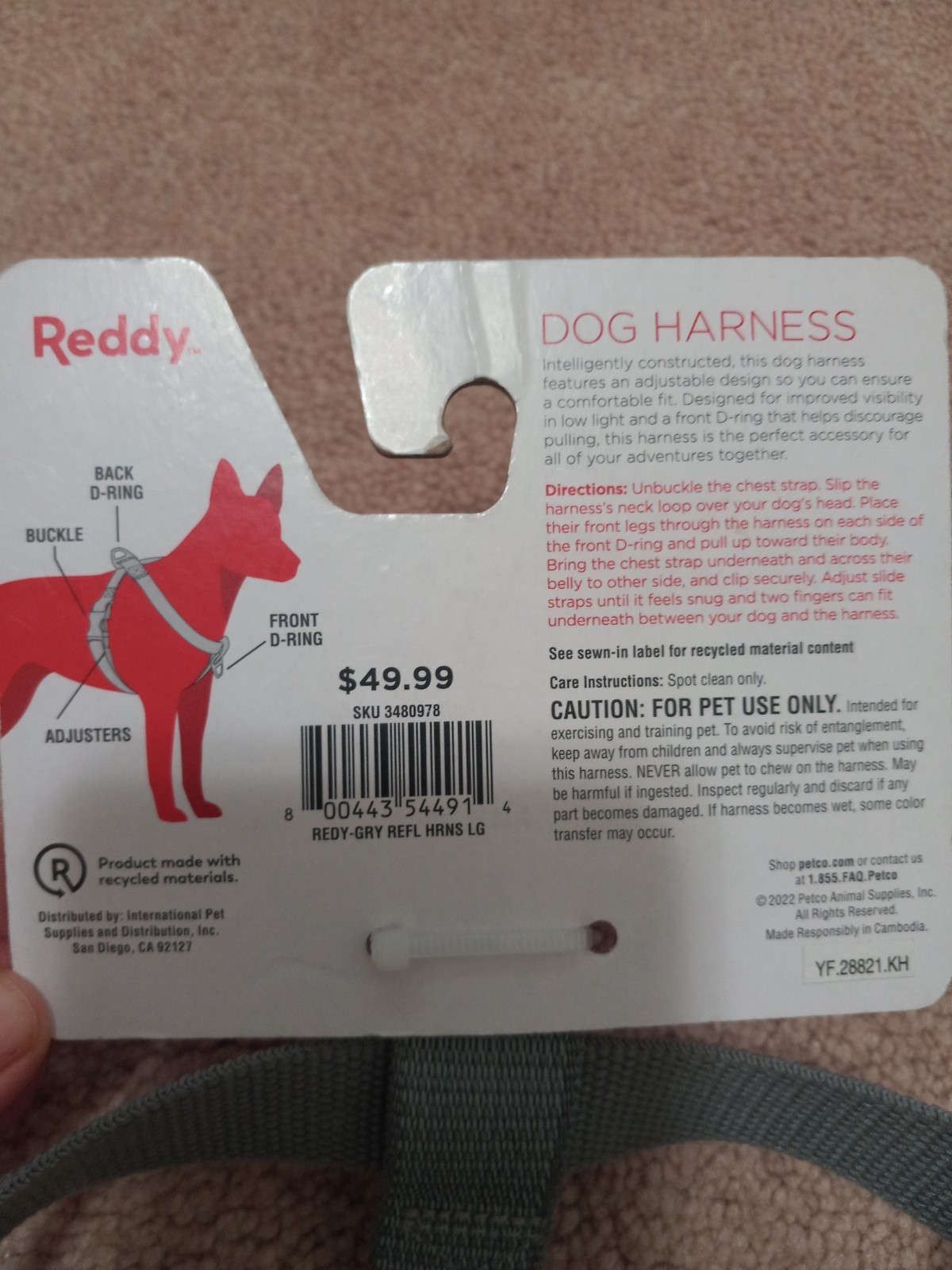NWT! REDDY Dog Harness Gray Silver Hardware Size Large