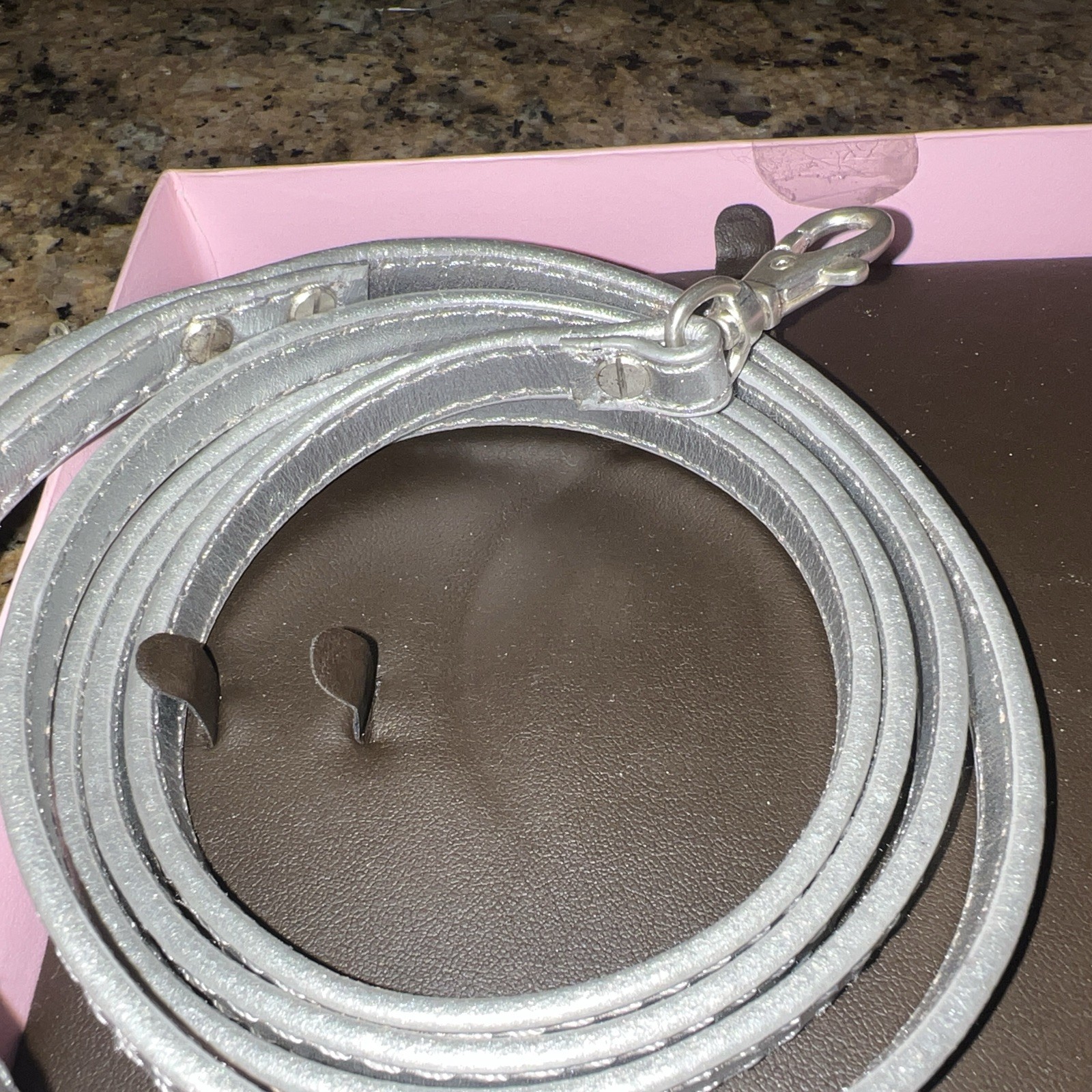 RARE 5’ High End Dog Leash Juicy Couture Silver Leather I love Dogs Lead w/ Box