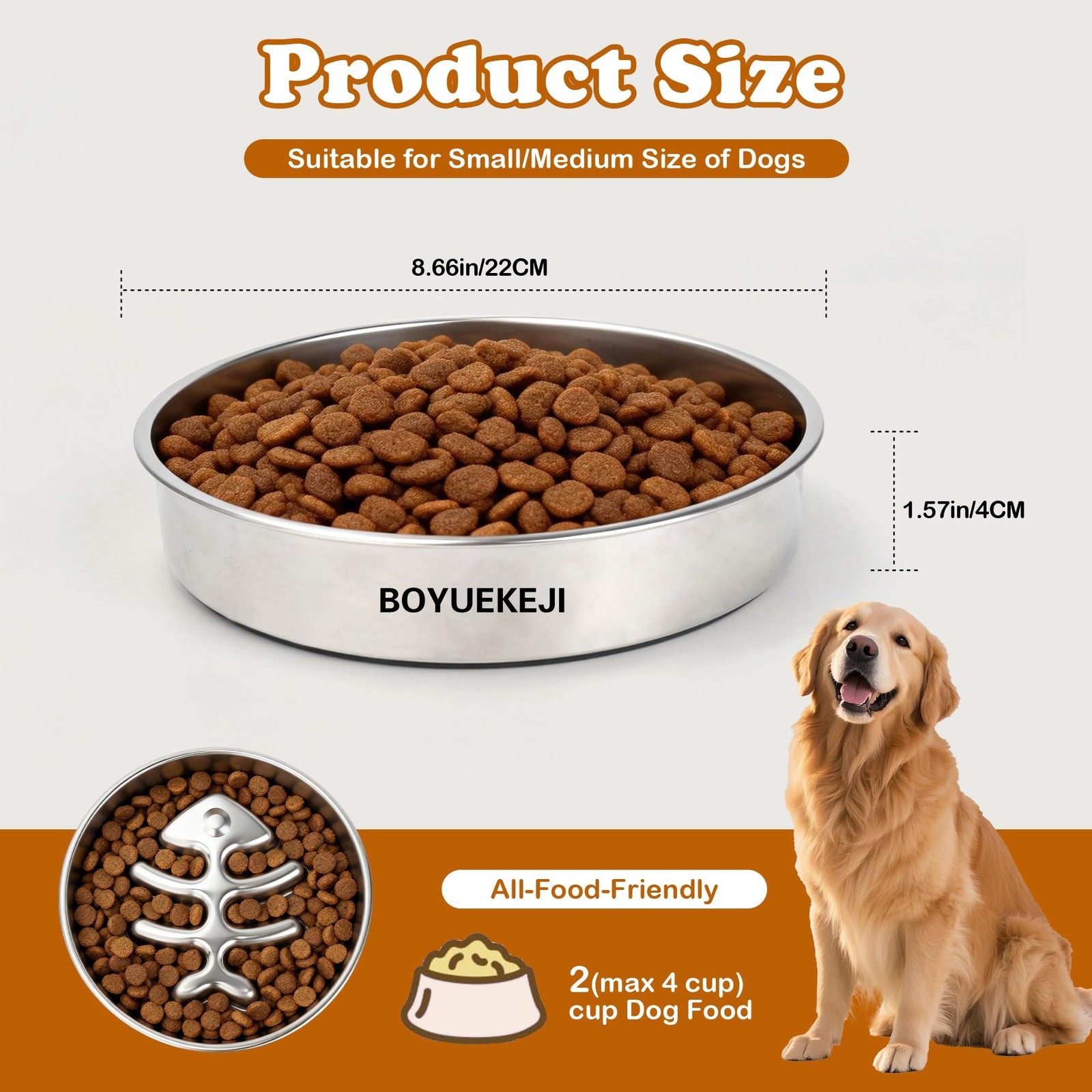 BOYUEKEJI Stainless Steel Slow Feeder Dog Bowl, 304 Grade Medium, Silver gray