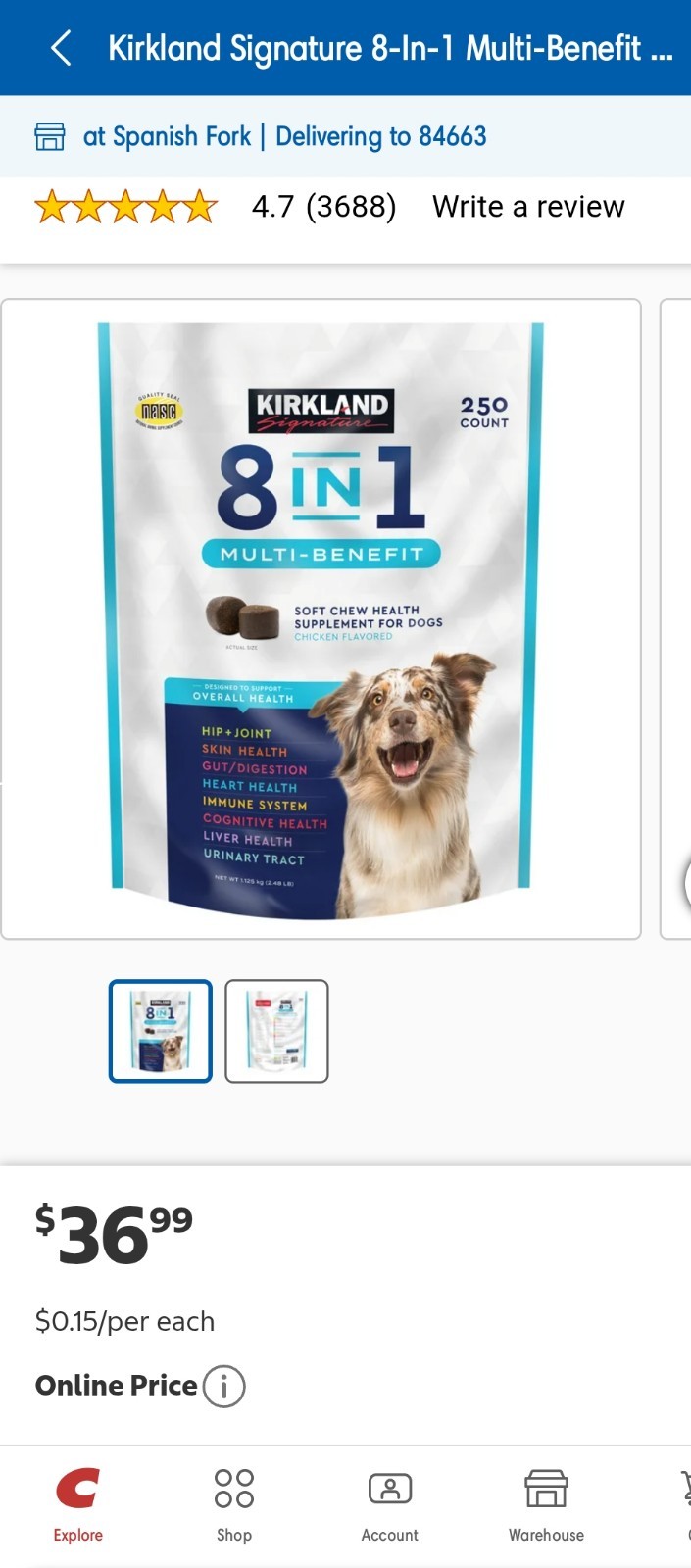 Kirkland 8 in 1 Dog Multivitamin Soft Chews 250 Ct Chicken Flavor Supplements