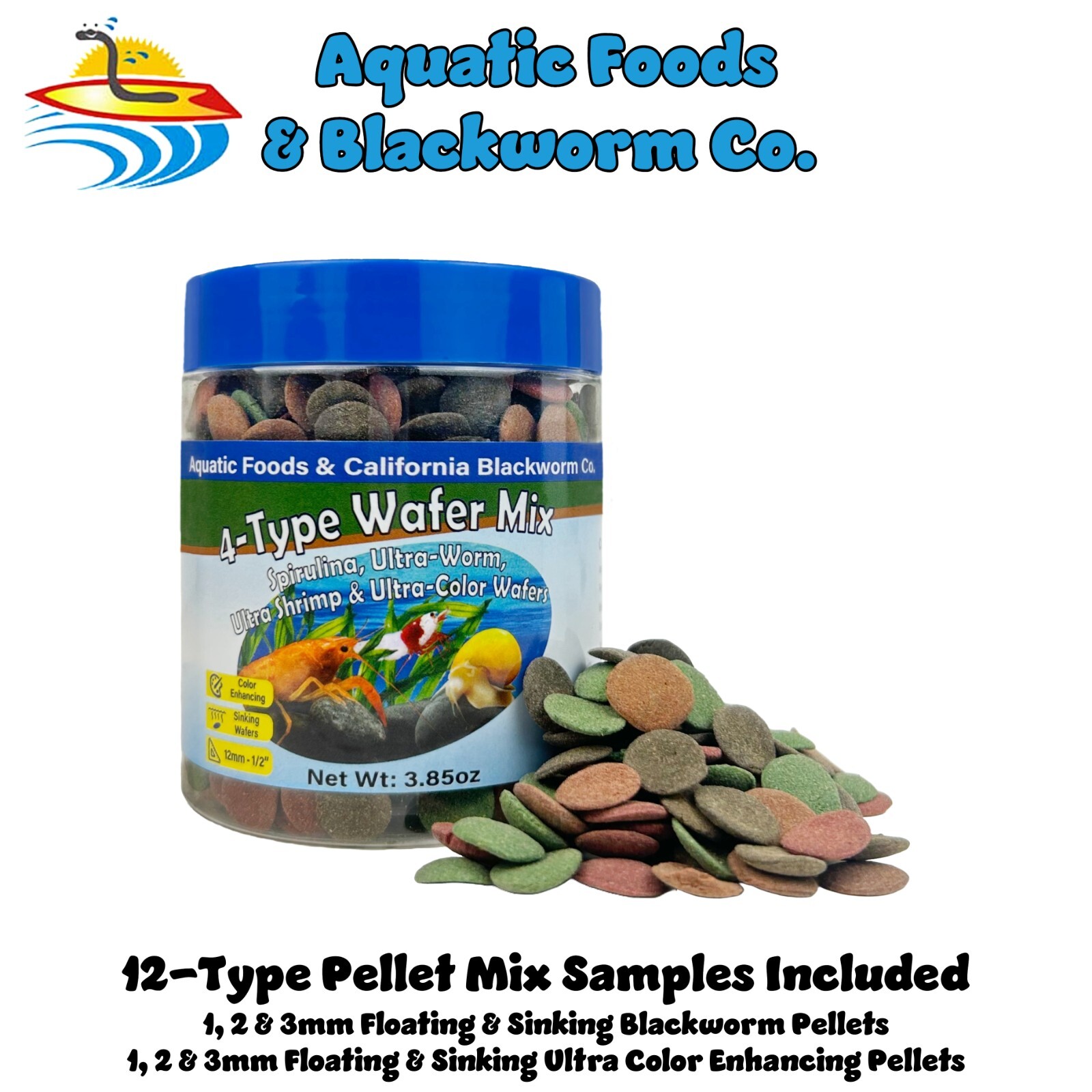 4-Type Wafer Mix. Spirulina, Color Enhancing, Shrimp, Worm. FREE 12-Type Pellets