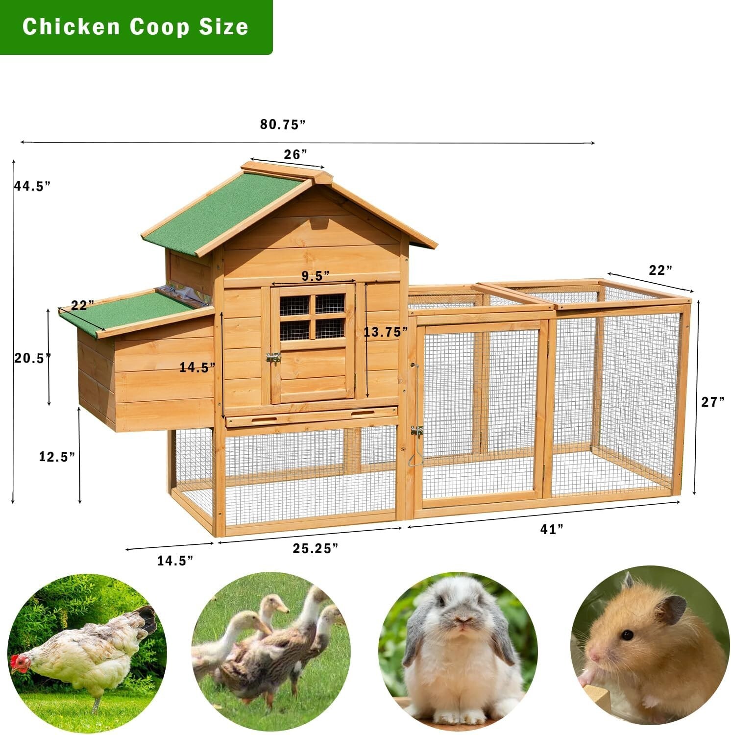 80“ Wooden Chicken Coop Pet Hutch House W/ Run Ramp Nest Box Cage Outdoor Large