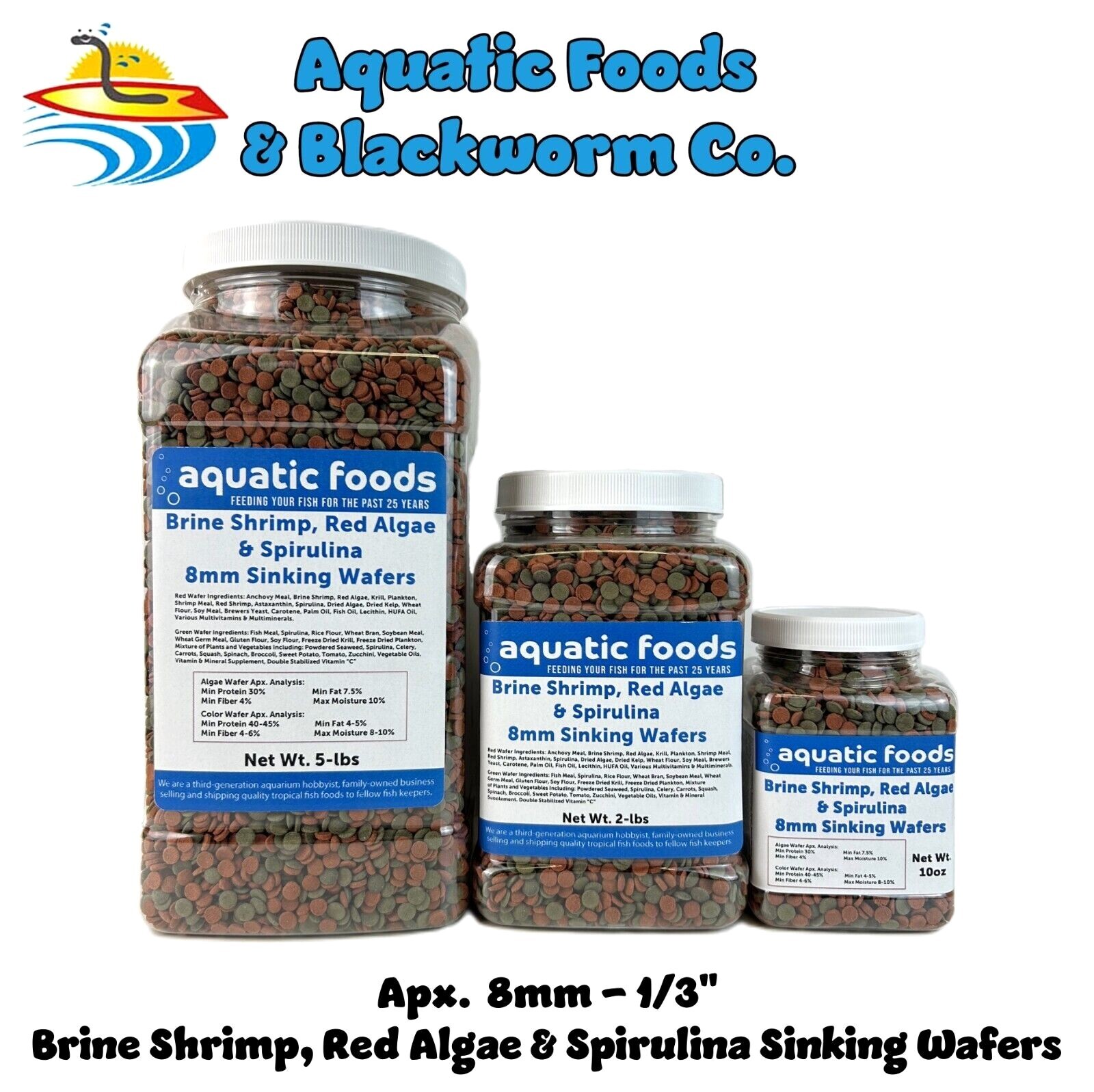 8mm – 1/3″ Brine Shrimp, Red Algae & Spirulina Sinking Wafers. WL-JAR