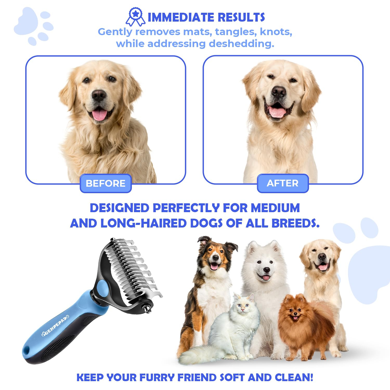 Undercoat Rake for Dogs & Cats, Dematting Comb with Extra Wide Double-Sided Stai
