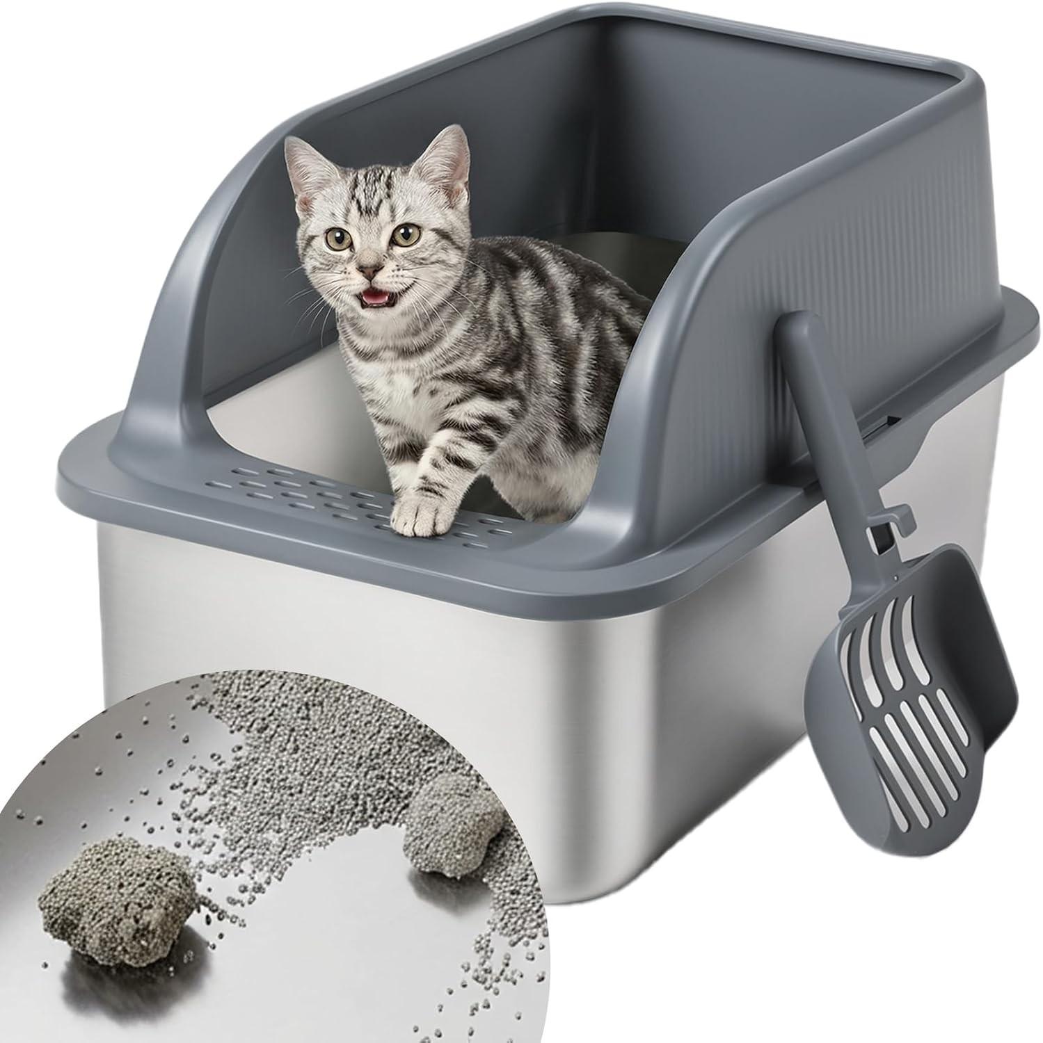 Stainless Steel Cat Litter Box W/ High Sided Lid Metal Kitty Litter Box W/ Scoop