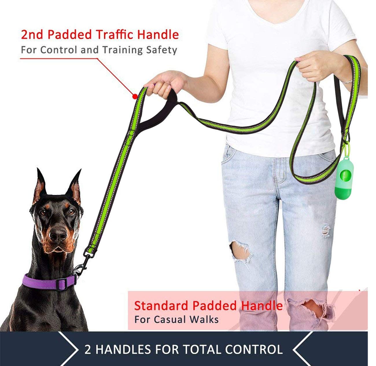 Heavy Duty Double Handle Dog Leash 5 FT Padded Reflective Wide-Green