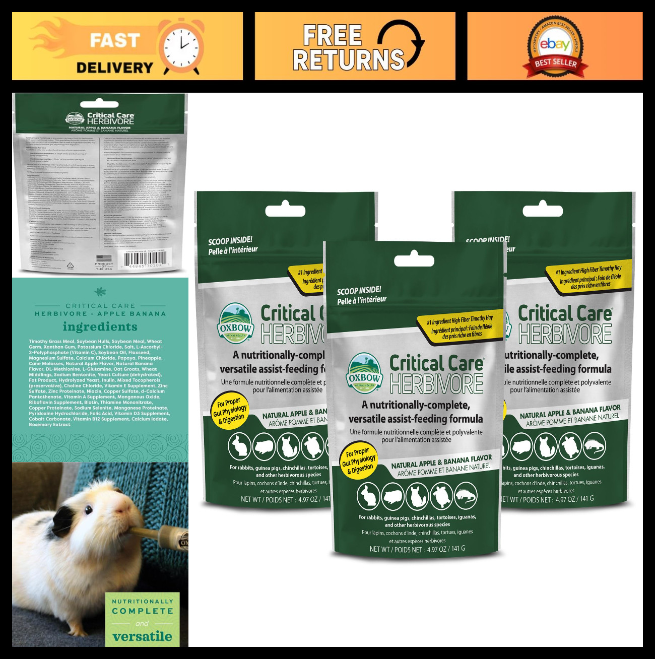 High Fiber Herbivore Assist Feeding Formula for Rabbits & Guinea Pigs, 3 Pack –
