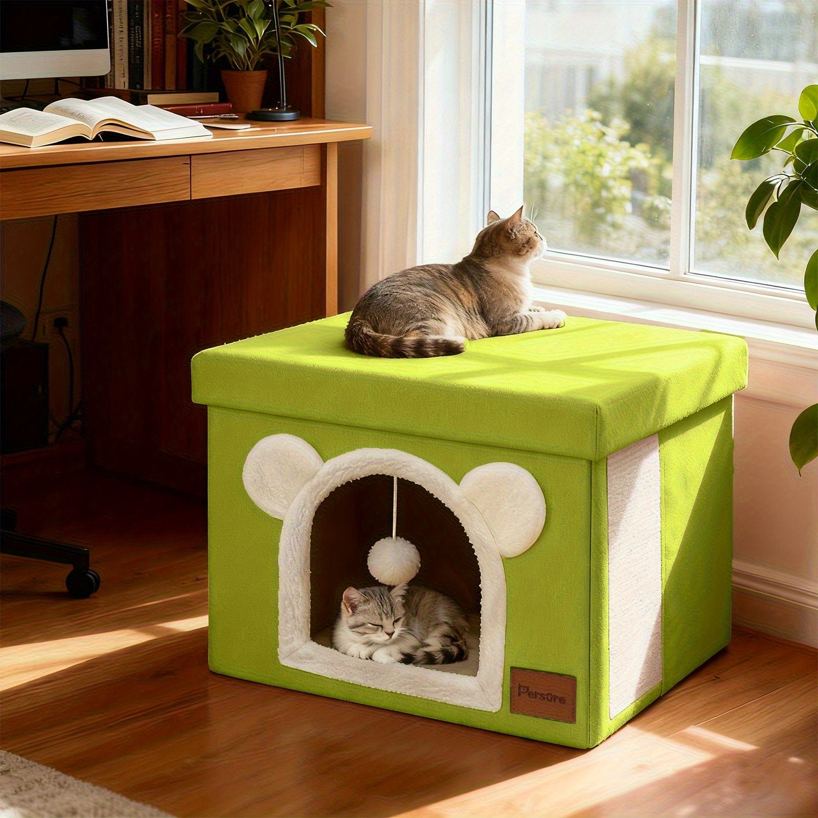 Interactive Indoor Cat Cube House With Lid Cute Cave Bed Condo Scratch Pad&Ball