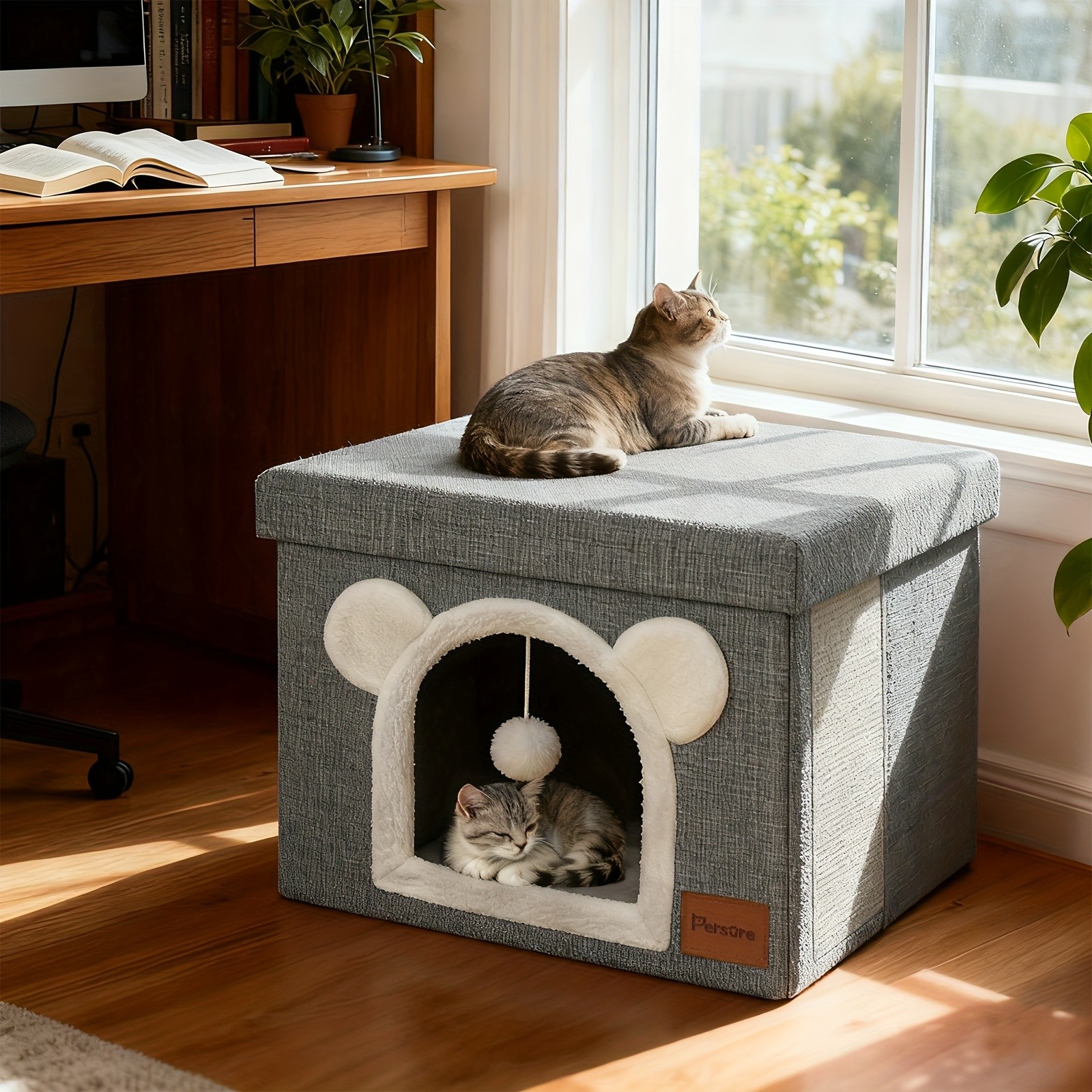 Interactive Indoor Cat Cube House With Lid Cute Cave Bed Condo Scratch Pad&Ball