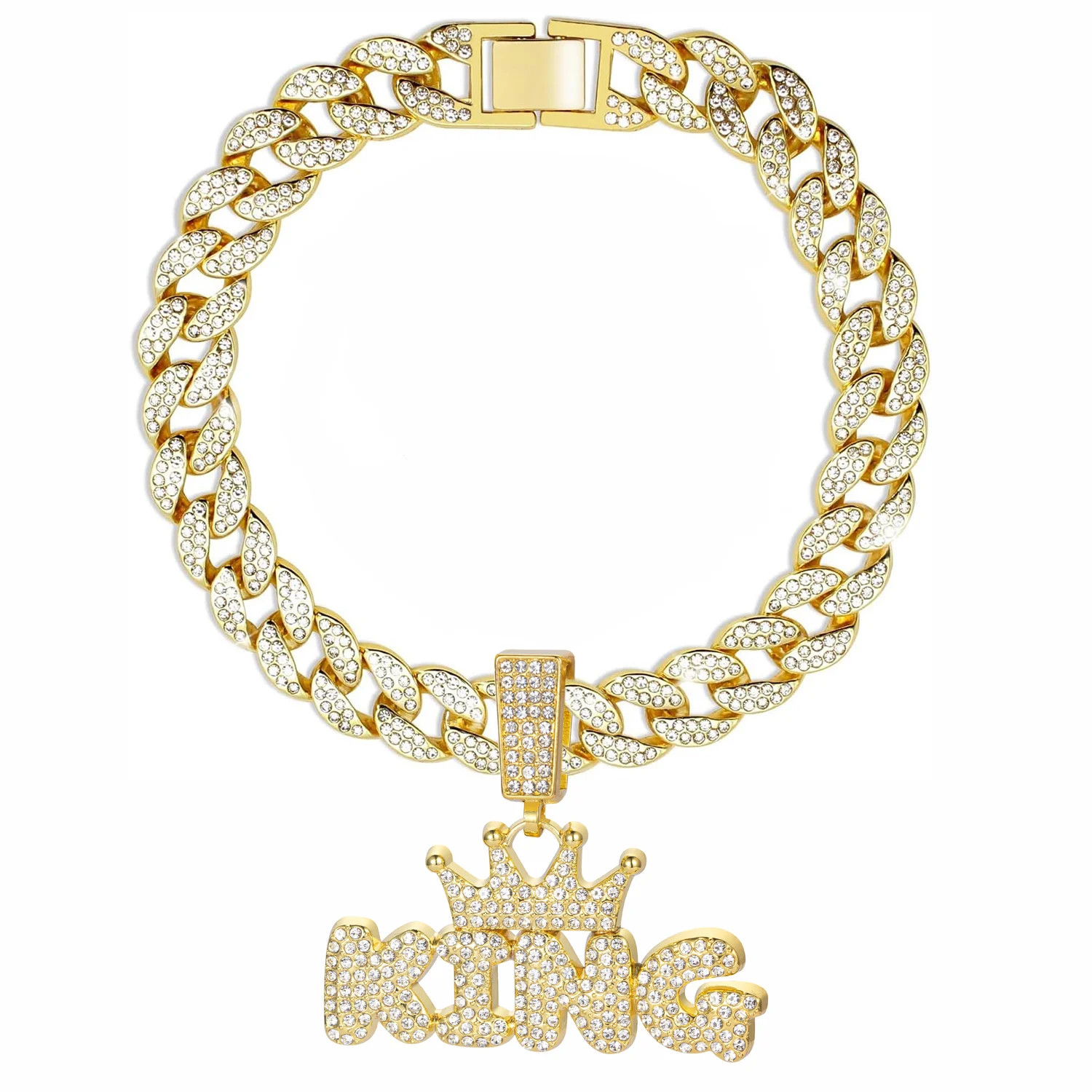 Cuban Link Dog Chain Collar Aluminum Alloy Gold Jewelry with King Queen Pendant