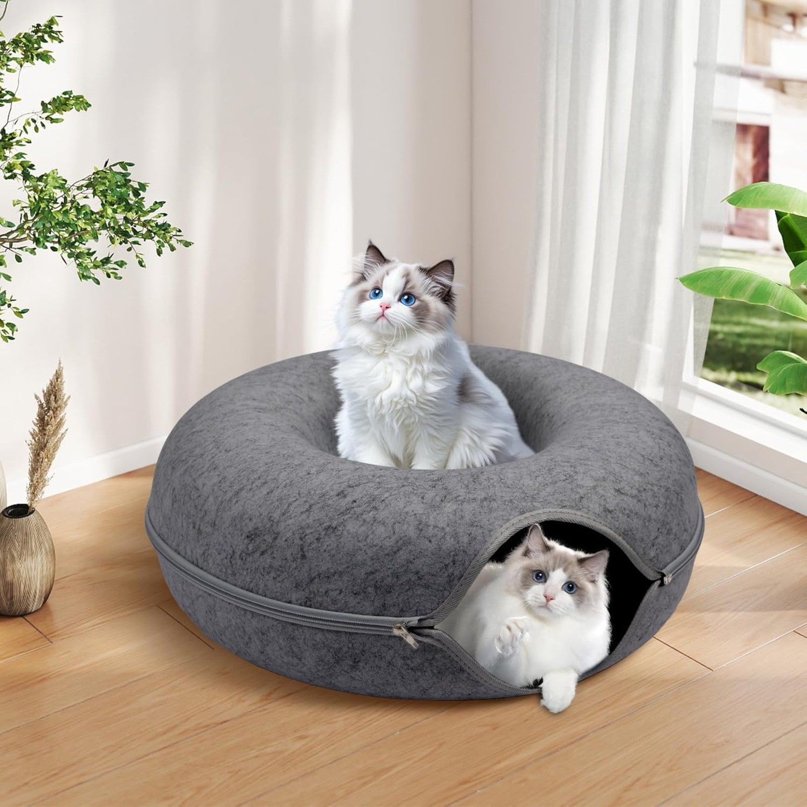 Cat Cave EXTRA LARGE Tunnel Bed Indoor Cats Donut Interactive Nest House Gray