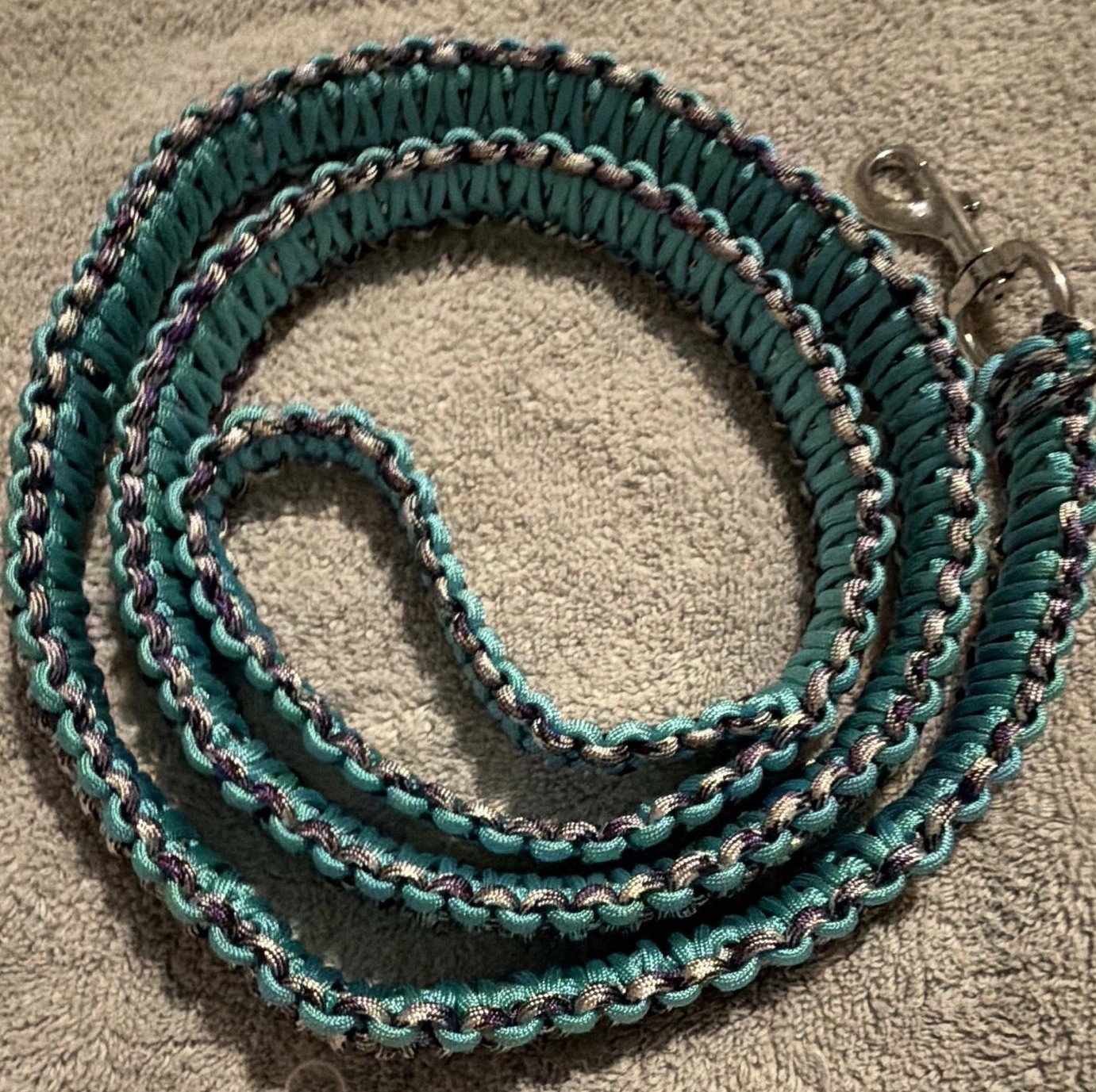 Handmade Braided paracord king cobra Dog Leash L Teal/Navy w/ 2 Snap Hooks
