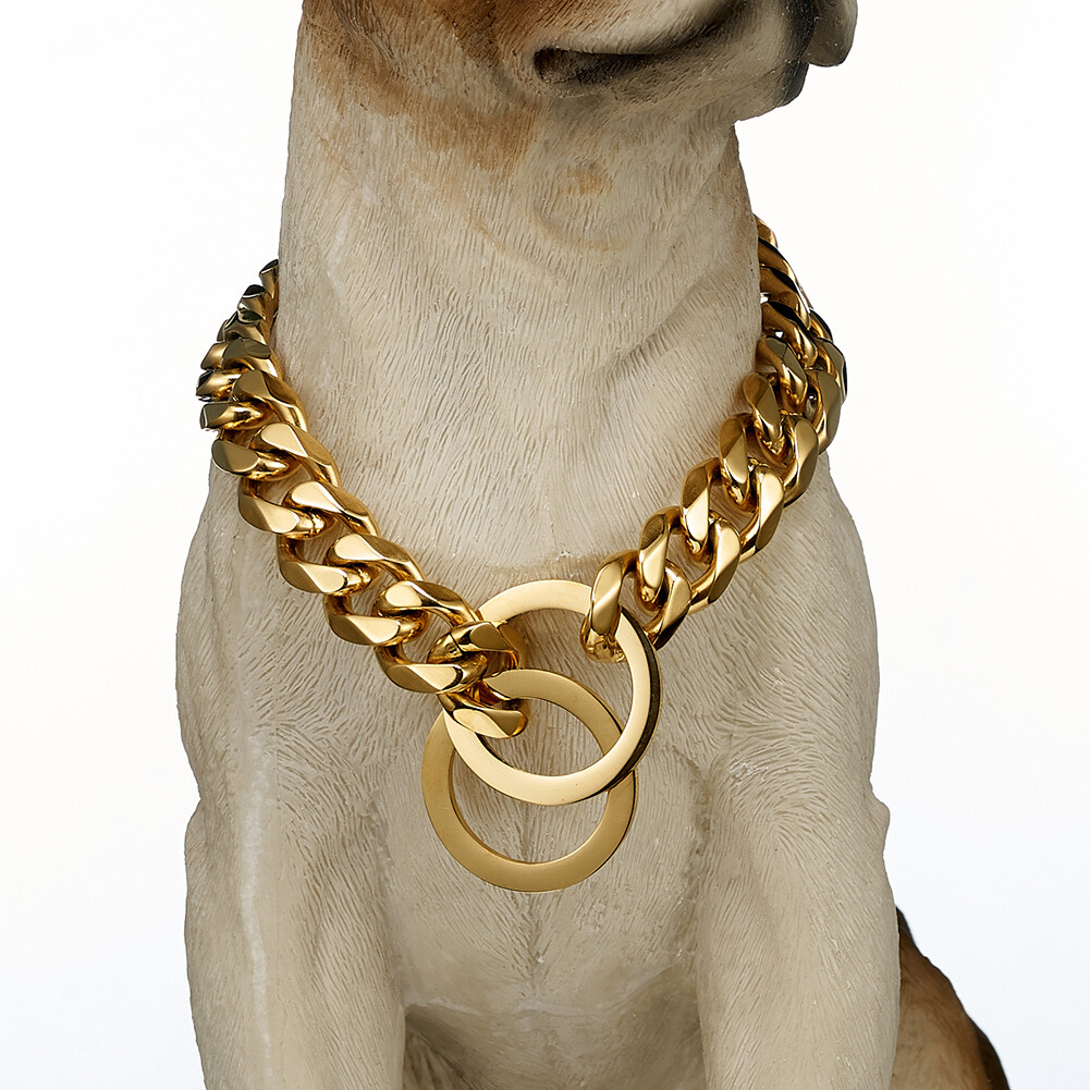 10/12/15/17/19mm Gold Curb Cuban Link Dog Chain Collar Stainless Steel 12″-32″