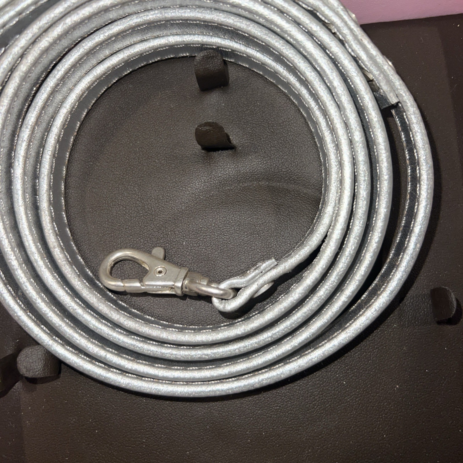 RARE 5’ High End Dog Leash Juicy Couture Silver Leather I love Dogs Lead w/ Box