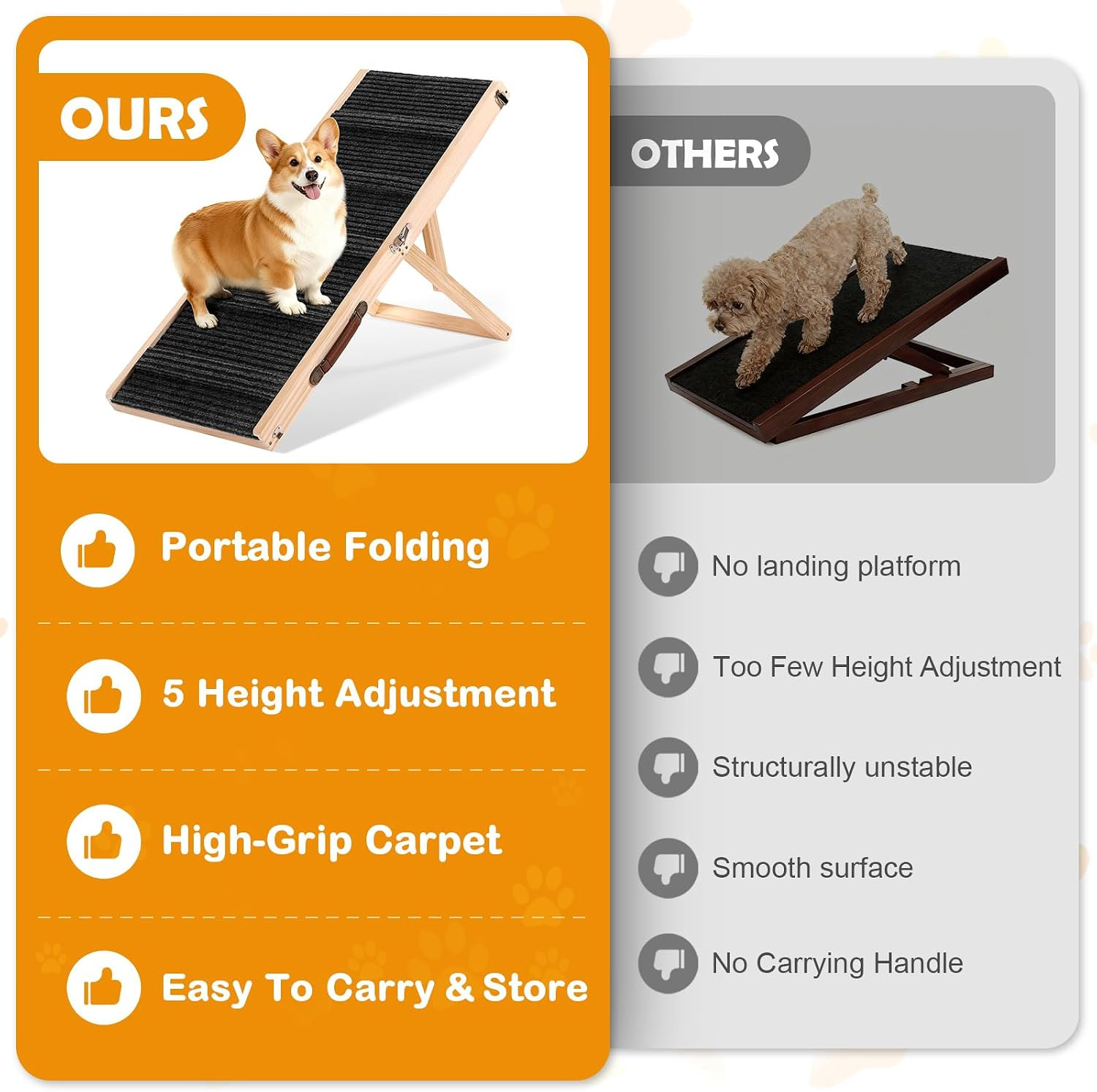 39″ Long Dog Ramp for Bed, Couch & Car – 5 Level Adjustable Height (10.4″ to 24.