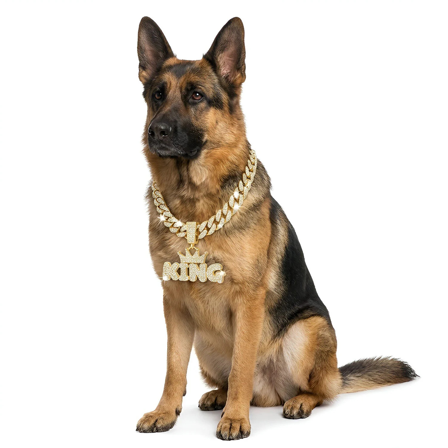 Cuban Link Dog Chain Collar Aluminum Alloy Gold Jewelry with King Queen Pendant