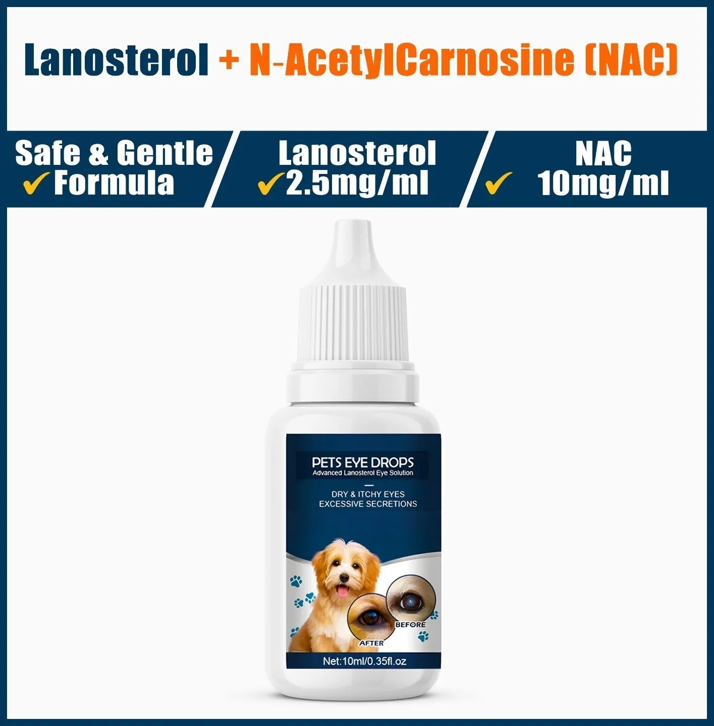Lanosterol+NAC Dog Cat Eye drops/Cataracts, Dry Eyes, Tearing, MAX Strength