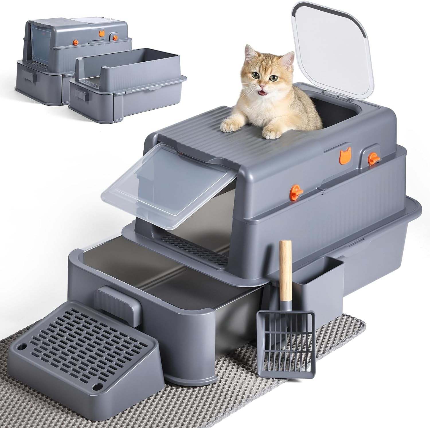 Stainless Steel Cat Litter Box W/ High Sided Lid Metal Kitty Litter Box W/ Scoop