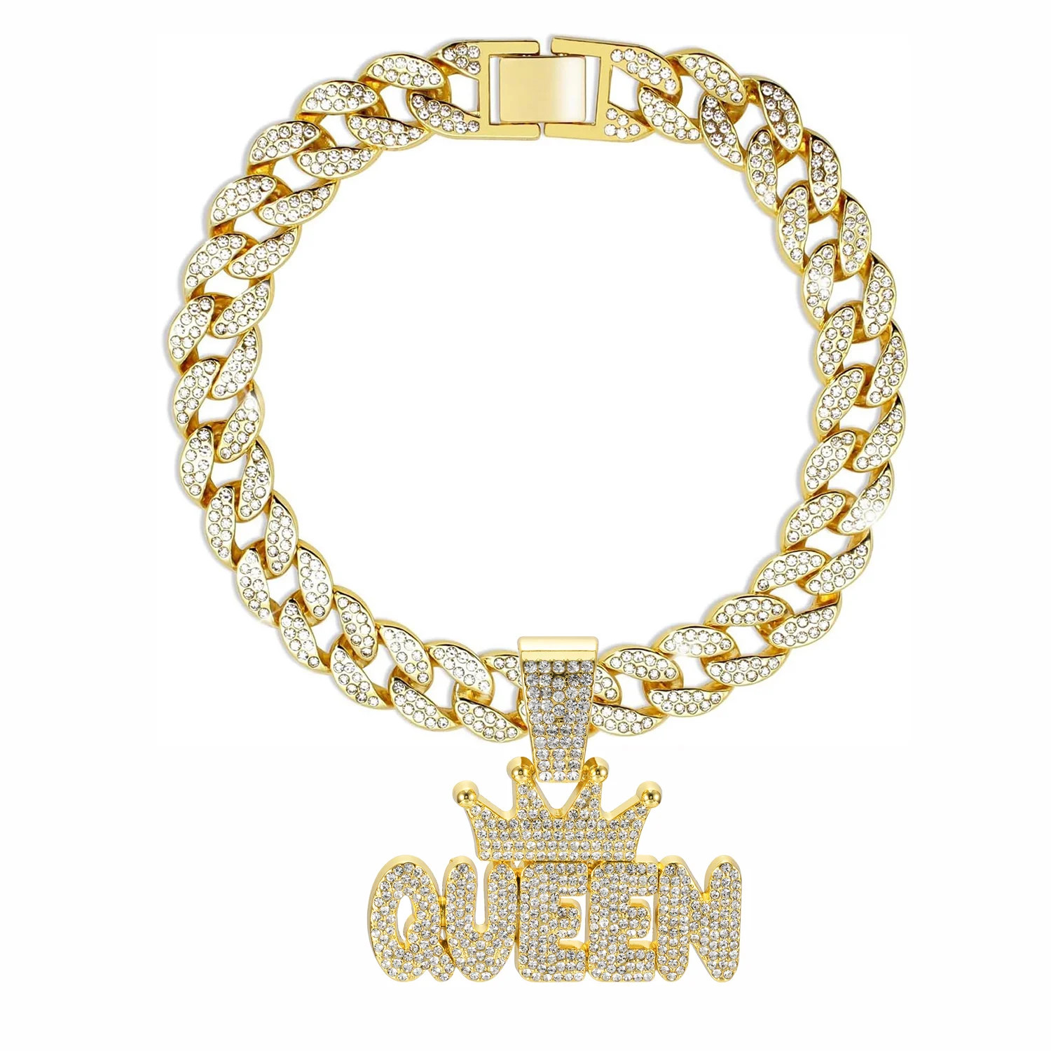 Cuban Link Dog Chain Collar Aluminum Alloy Gold Jewelry with King Queen Pendant