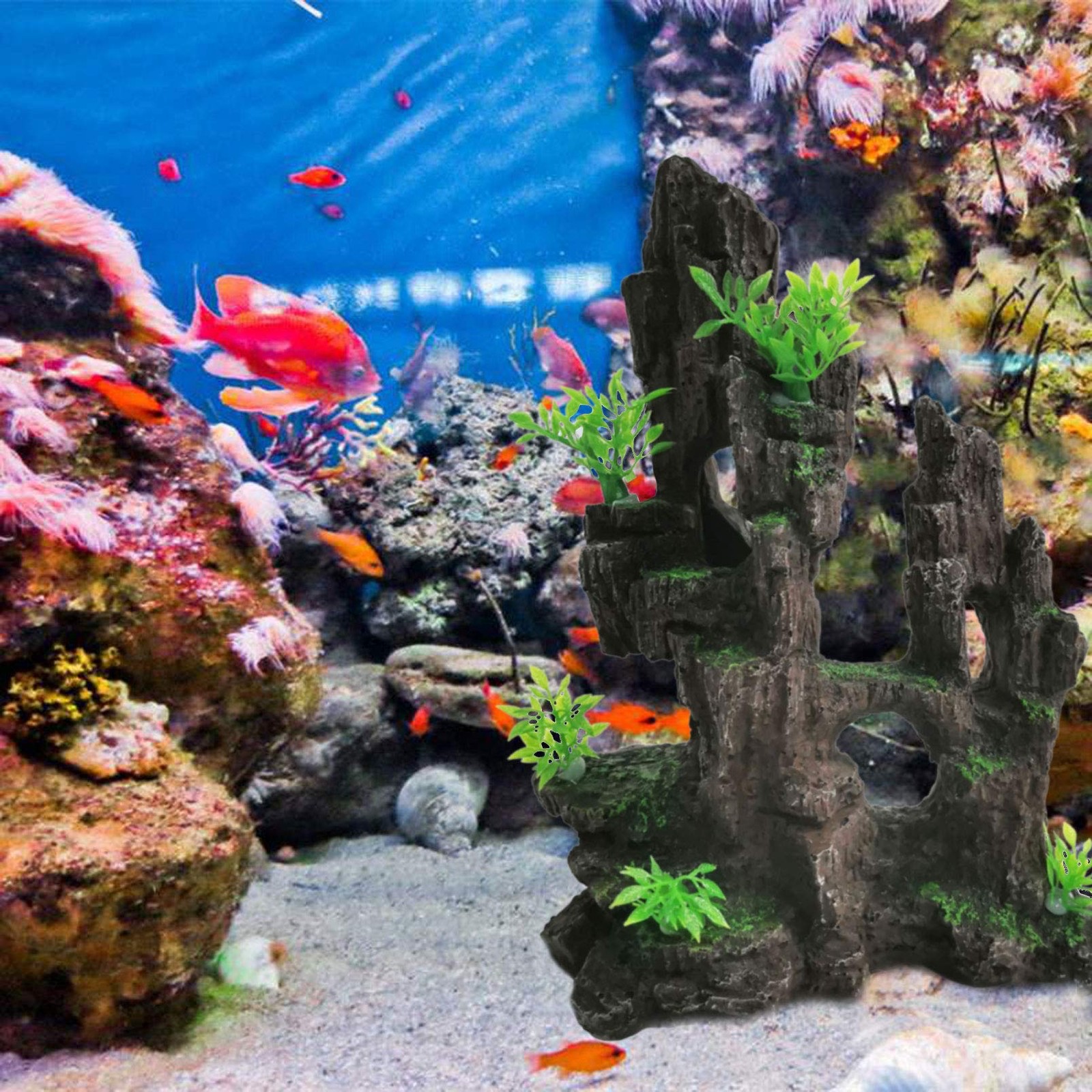 kathson Aquarium Mountain View Stone Resin Fish 8.0〞L x 4.3〞W x 10.4〞H, Green