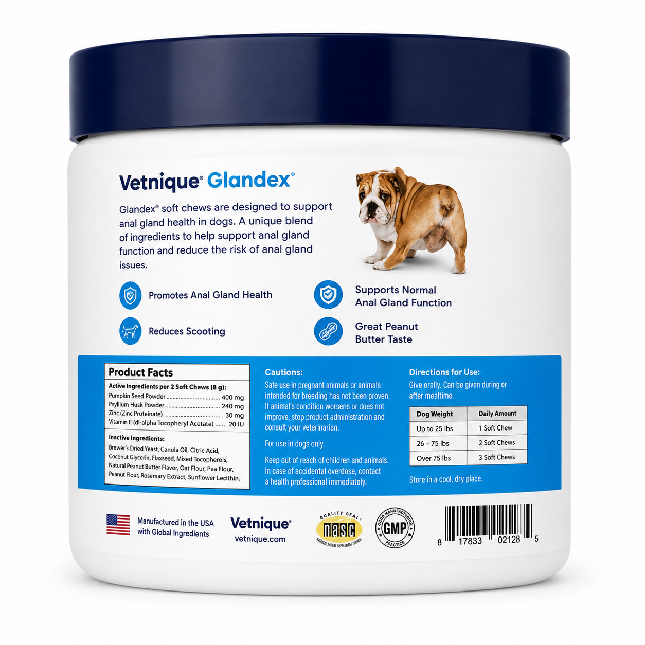 Vetnique Glandex Anal Gland Soft Chews 60ct Peanut Butter Dog Supplement