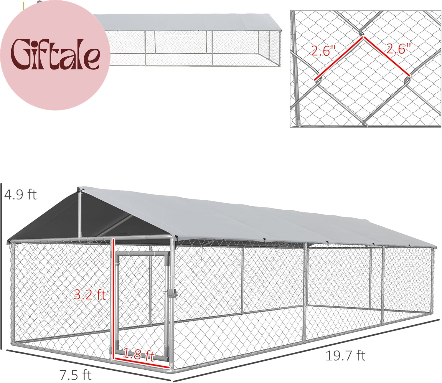 Outdoor Dog Kennel, Heavy Duty Dog Run Outdoor Fence with Waterproof Cover, Galv