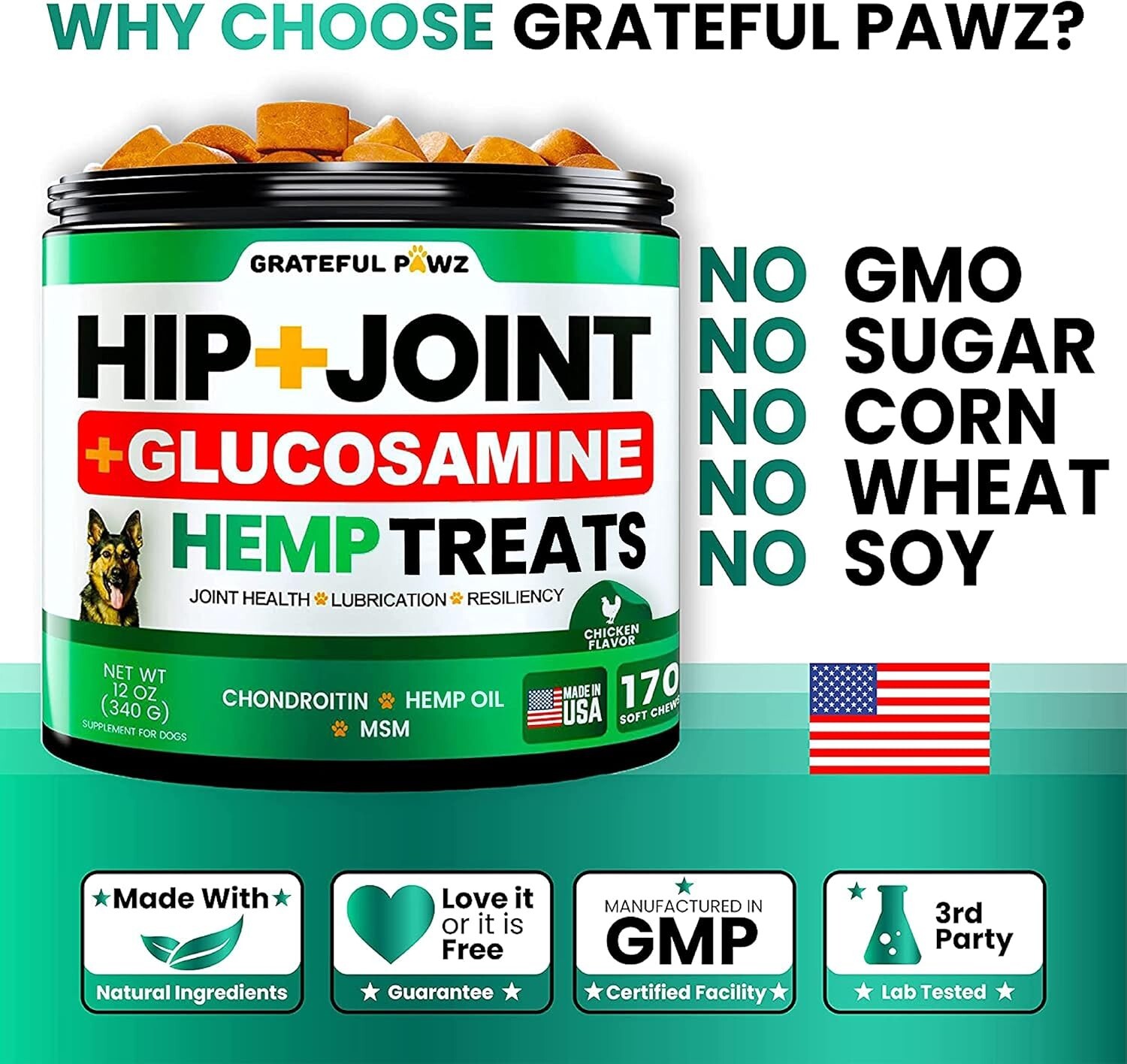Hemp Hip and Joint Supplement for Dogs – 170 Chews, & Chews