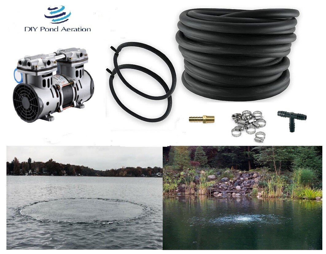 1/2HP Pro Rocking Piston LARGE Pond Aerator Kit w/50′ WTD Hose & 2-4′ Diffusers
